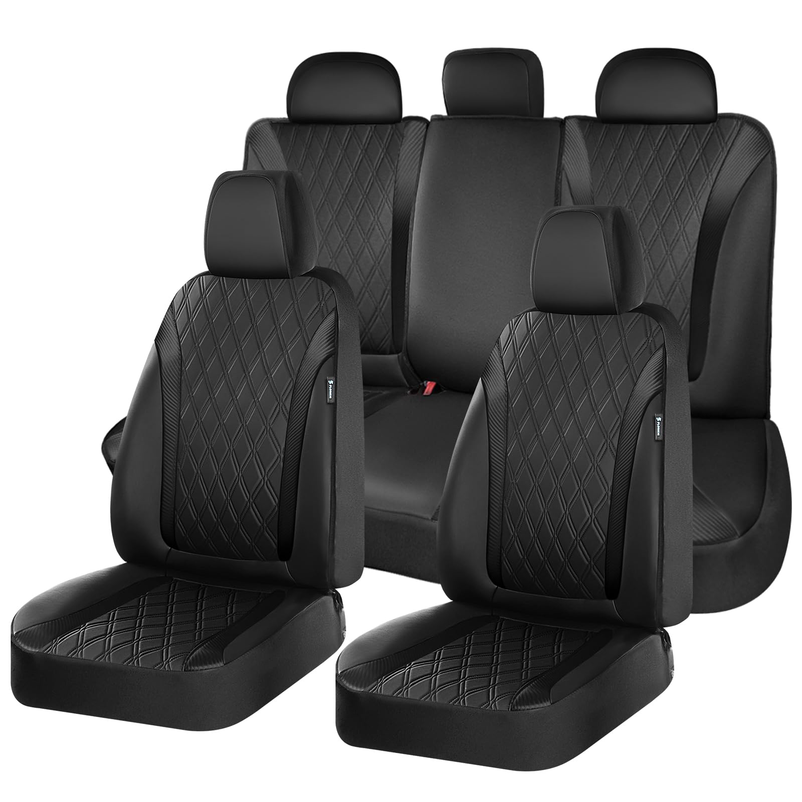 FLORICH Set Completo di Coprisedili, Coprisedili in Pelle PU per Auto, Protezioni per Sedili Auto Impermeabili e Traspiranti, Universali per la Maggior parte Delle Auto, SUV (Completo, Nero)