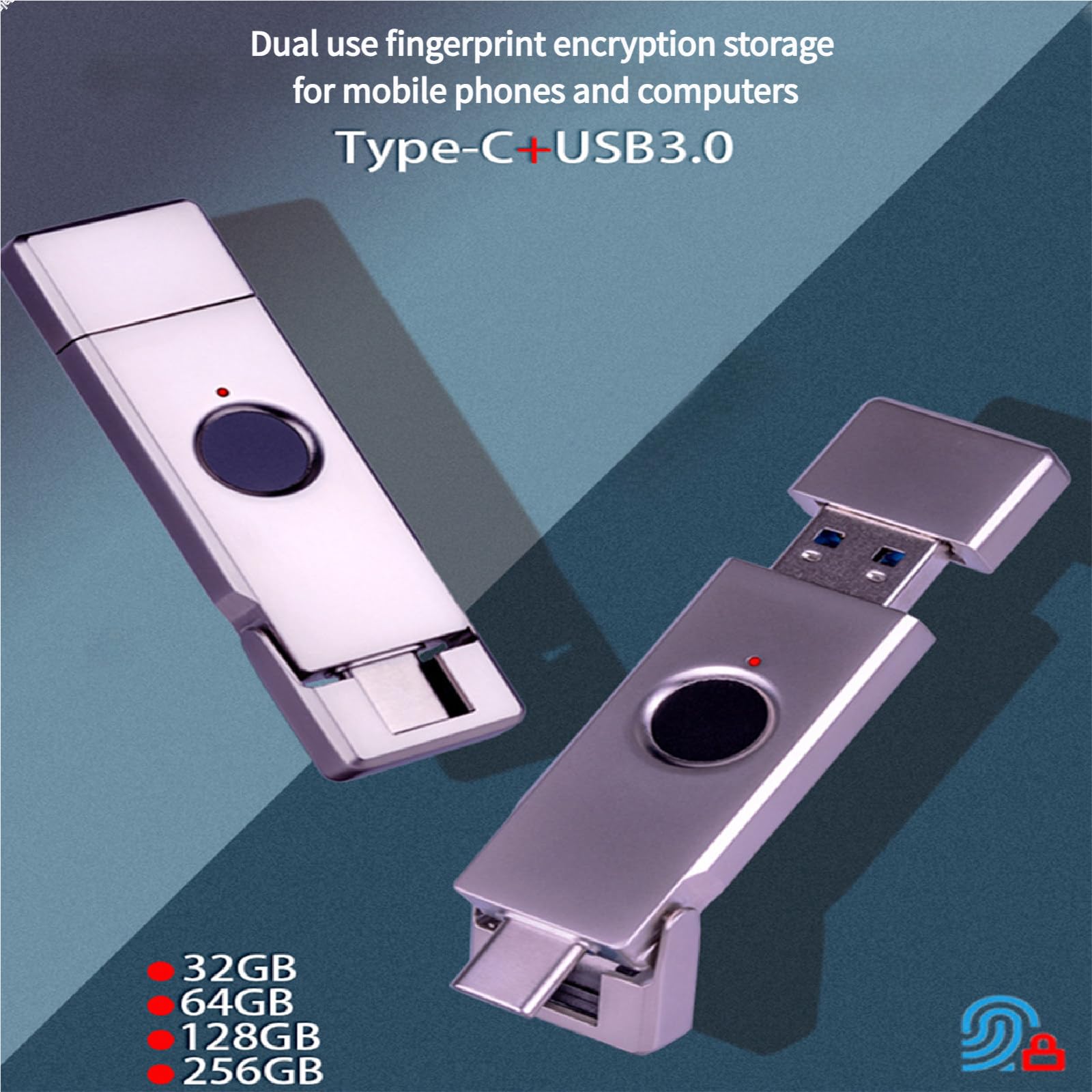 Chiavette USB sicure con crittografia delle Impronte digitali, Fino a 30 MB/s in Lettura, 10 ID di Impronte digitali consentiti, sblocco in 0,2 Secondi 32GB