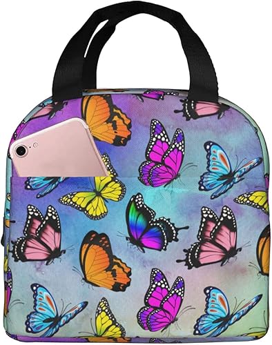 Lonchera aislada para mujer, reutilizable, con bolsillo, para el trabajo, picnic, viajes, mariposa, galaxia