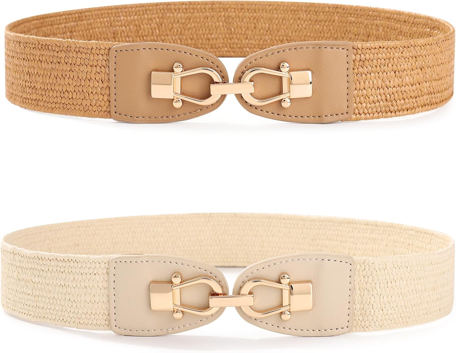 Kajeer Women Belt Elastic Waist, 2 Pcs Women Straw Belt Metal buckle Breathable Boho Braided Belt for Dress Casual
