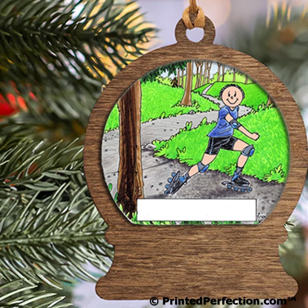 PrintedPerfection.com Personalized Rollerblading - Male Wooden Snow Globe Shaped Christmas Ornament