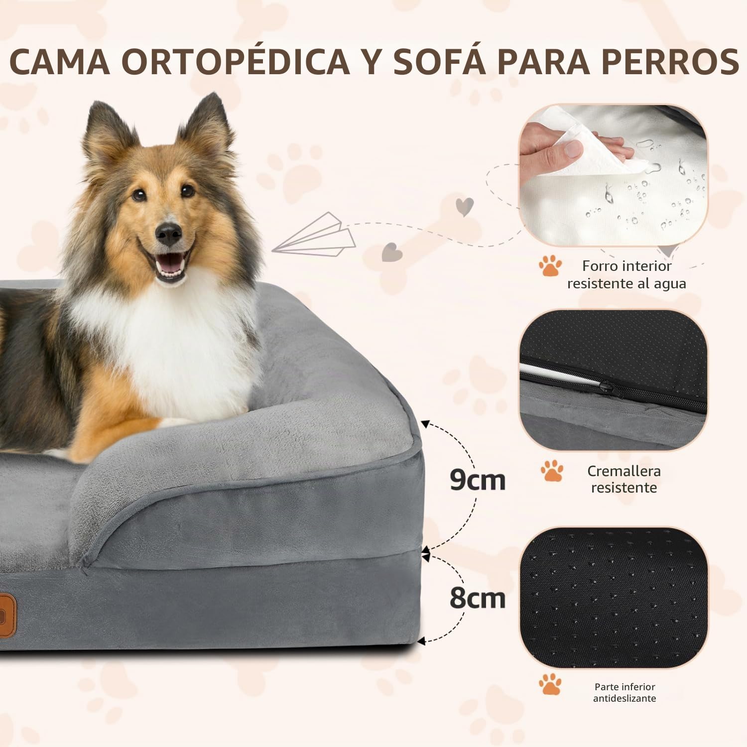 Nobleza Cama Perros Grande, 135x107x17cm, Sofá Perro con Espuma Viscoelástica, Cama Ortopédica Perros Lavable y Impermeable, Colchon Perro Medianos Desenfundable, Gris