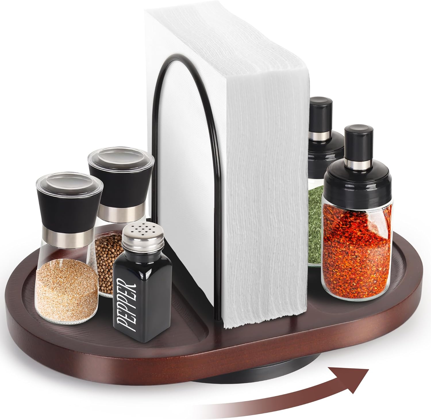 Primo Lines NP-1 Wooden Rotating Napkin Holder with Salt and Pepper Shakers, Rustic Metal Caddy Napkin Storage for Table, Kitchen Countertop, Dining Table Decor