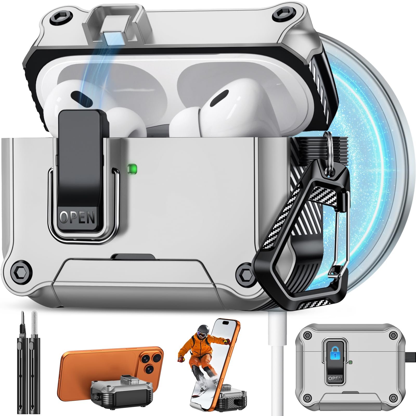 Pohgelan for AirPods Pro 2nd/1st Case with Safety Lock-Silver