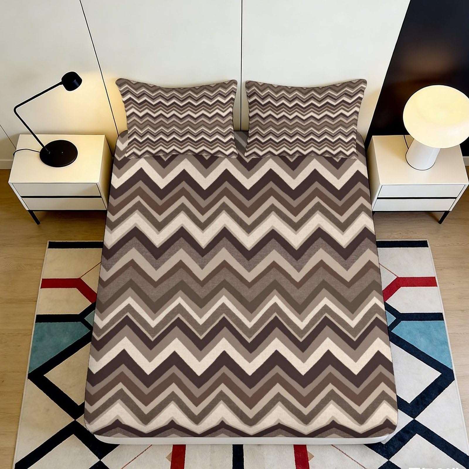 3D Printed Brown Zigzag Fitted Sheet Microfiber Soft Anti-Slip Chevron Bed Sheet for Bedroom Dorm Decoration 90x200x25cm