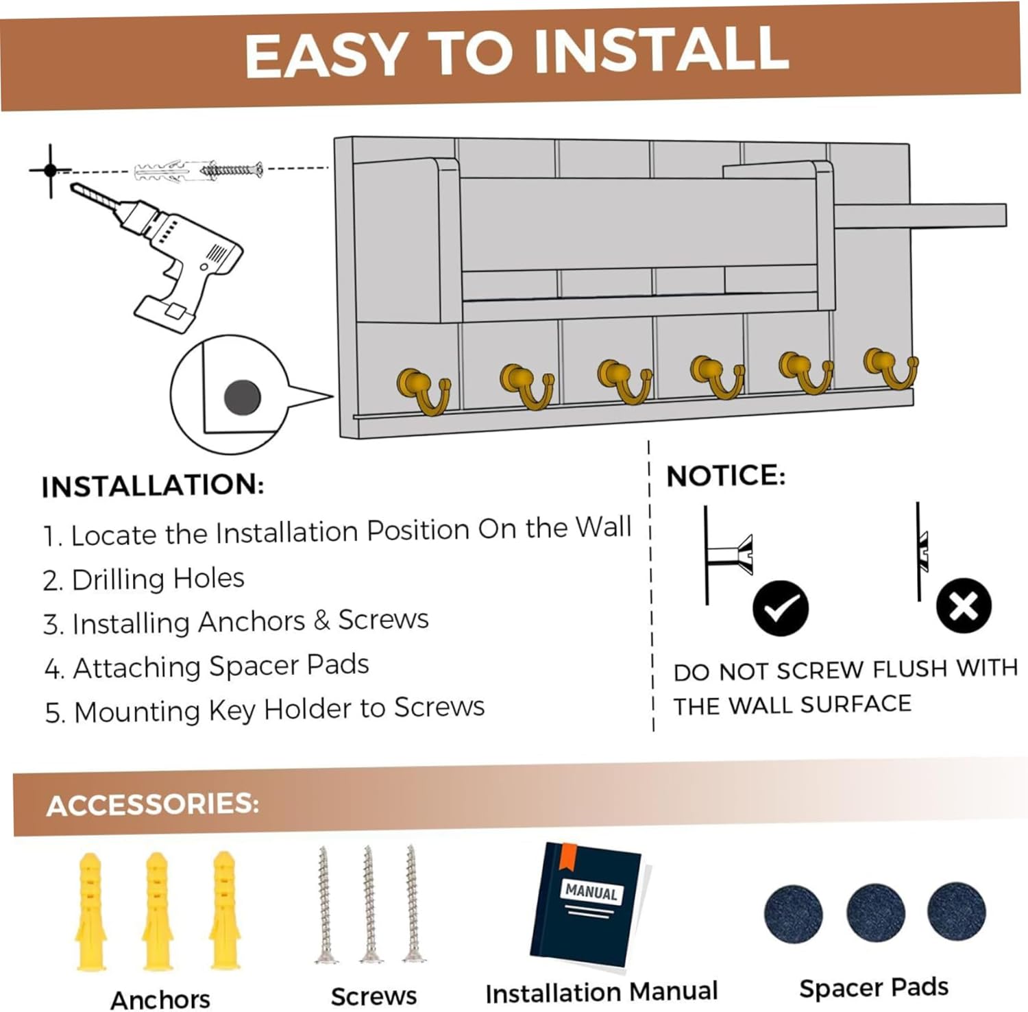 Key and Mail Holder for Wall, 12x4.8inch Wooden Mail and Key Organizer with 6 Hooks, Wall Mounted Rack for Storing Letters, Magazines