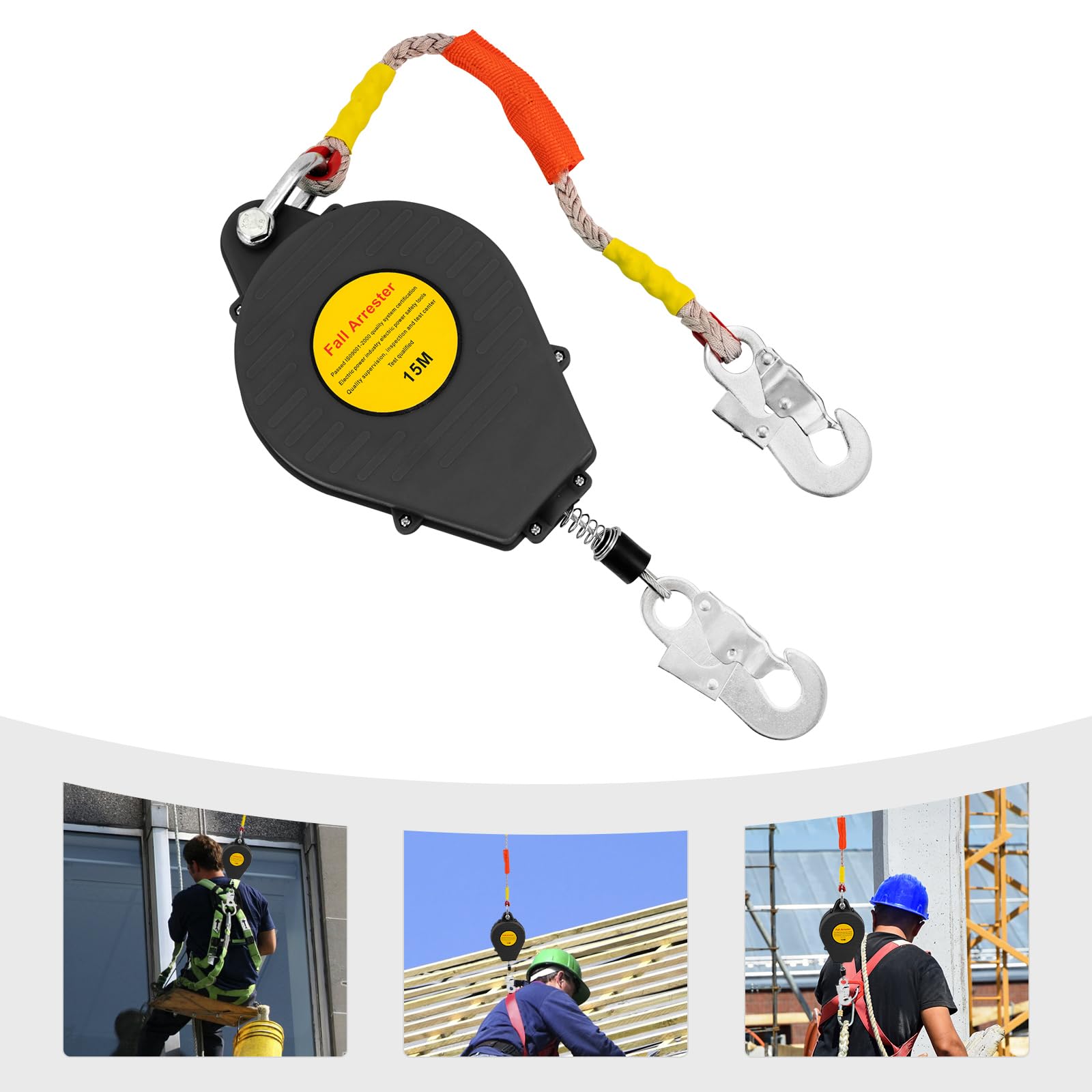 49.2ft Safety Self Retracting Lifeline Fall Arrester Fall Protection Device, 330lbs Portable Steel Wire Rope for Electric Power Maintenance, Aerial Work, Engineering Construction, etc (15M, Black)