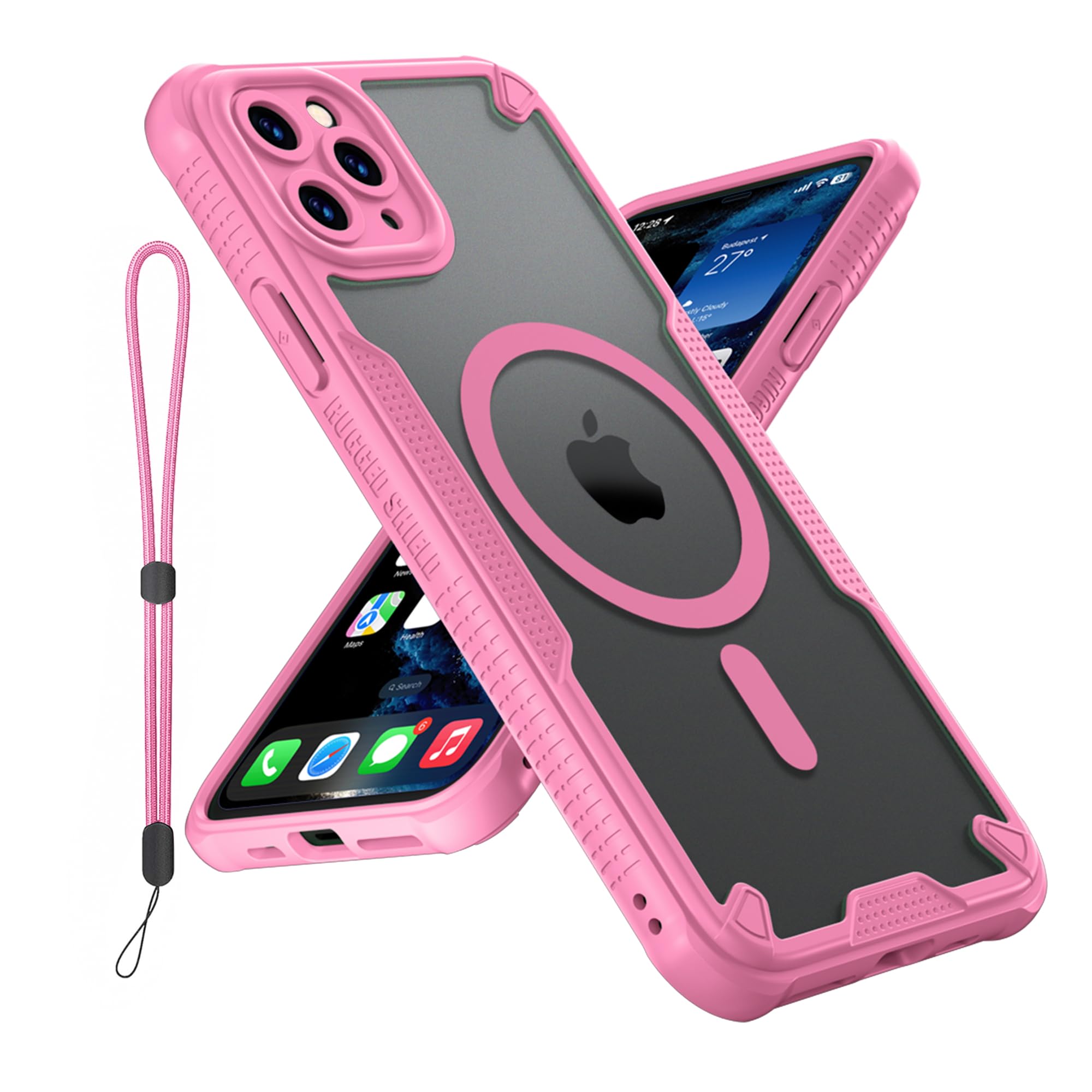 Teayoha for iPhone 11 Pro Case, Translucent Matte Back Compatible with Magsafe Magnetic Slim Shockproof Protective Case with Lanyard Strap Phone Cover 5.8-inch, Pink