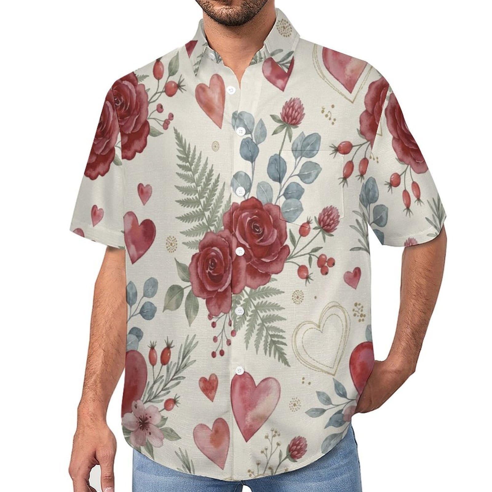 Camicie da Uomo a Maniche Corte con Stampa della Rose Fiori Ad Acquerello, Casual Leggere Bottoni Camicia con Tasca Frontale, per Vacanze Spiaggia Estate
