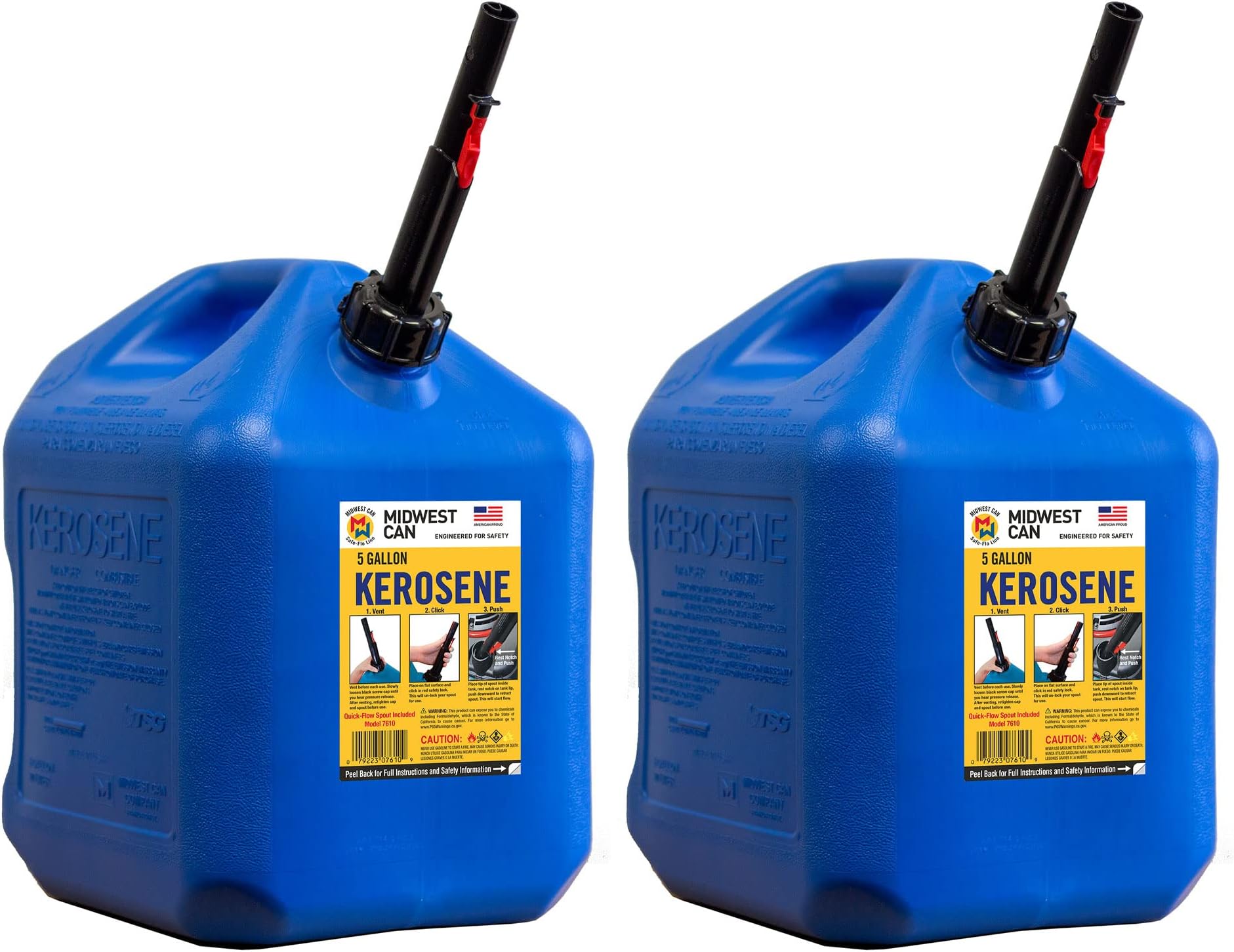 Midwest Can 7610 Durable Auto Shut Off 5 Gallon Kerosene Can with FlameShield Safety System & Quick-Flow Spout - Blue - 2 Pack