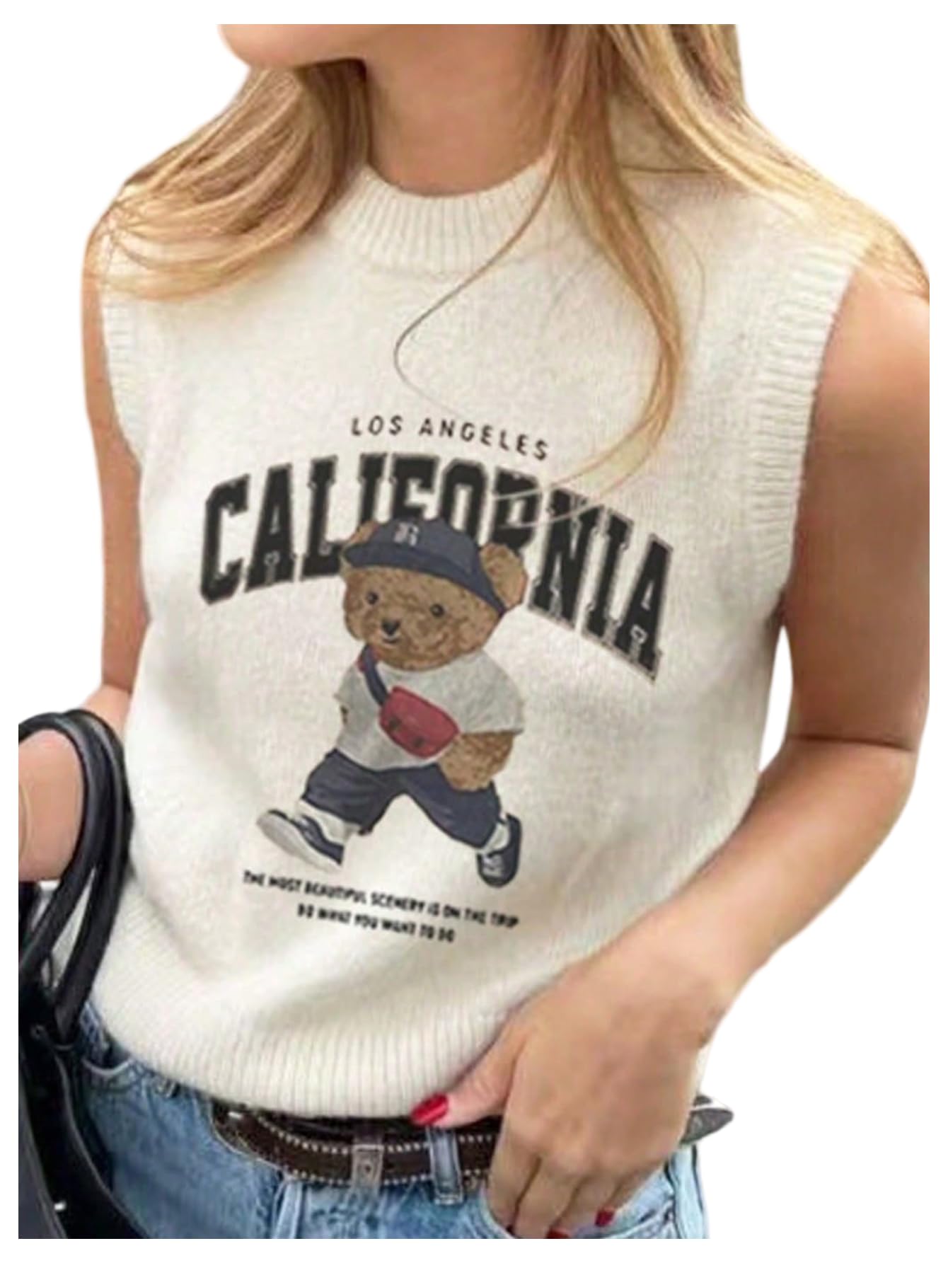 SweatyRocks Womens Letter Bear Graphic Sleeveless Sweater Vest Crew Neck Cute Pullover Tank Top