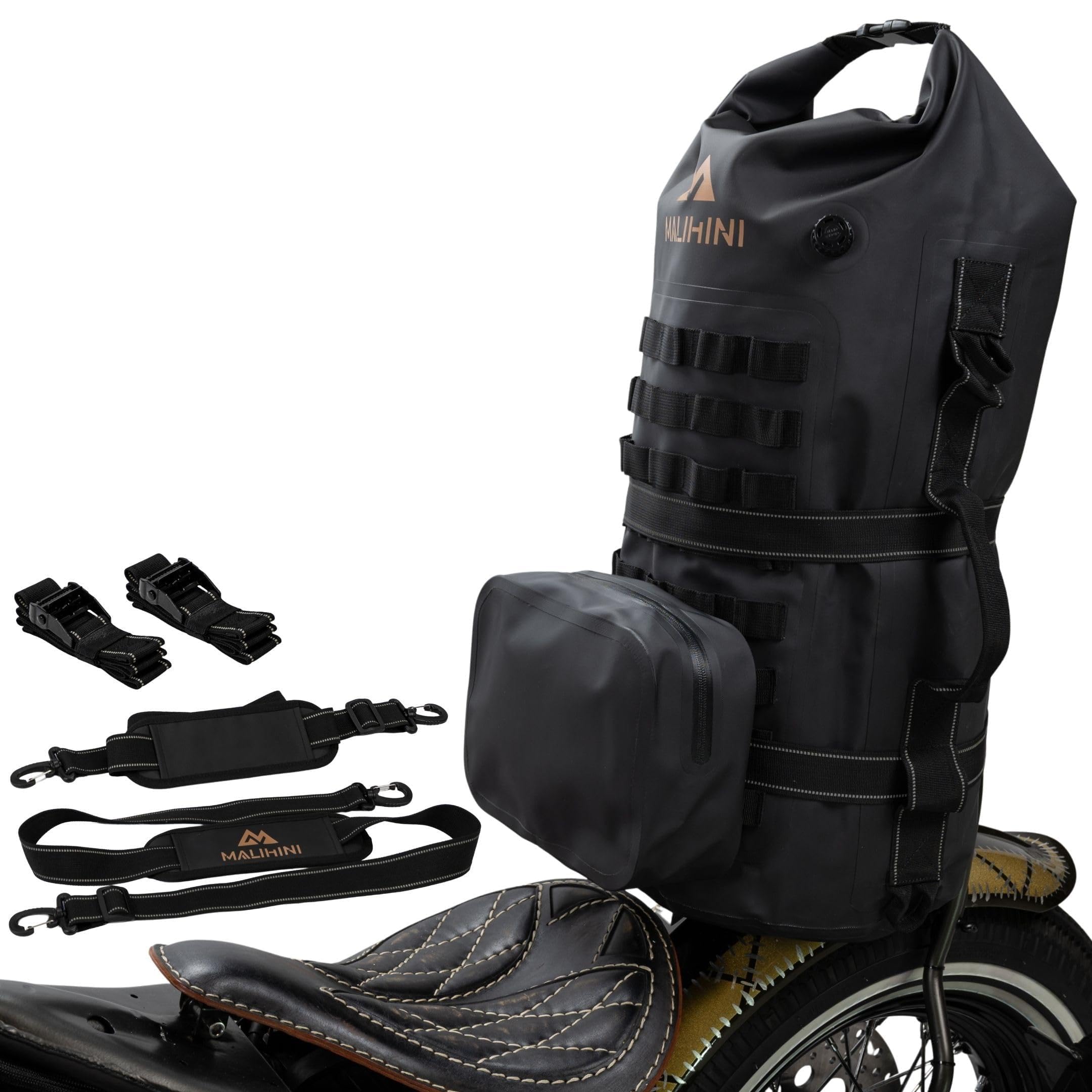 MALIHINI Sac pour moto pour sissybar et porte-bagages [ dossier + MOLLE ] 50L, sac étanche pour motards | sac de voyage et comme sac à dos | sac de camping et de bikepacking