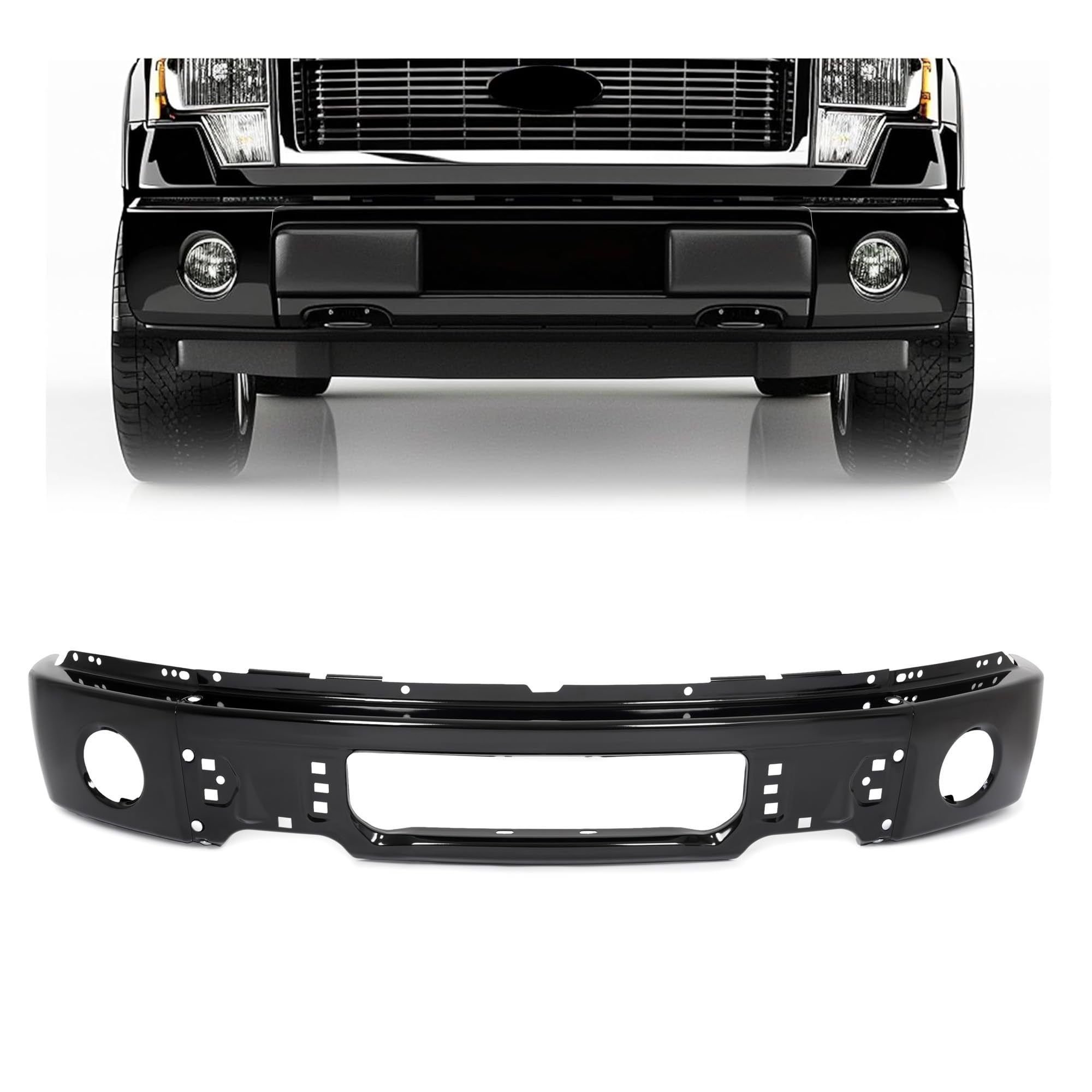 HECASA 3Pcs Front Bumper Face Bar Compatible with 2009-2014 Ford F150 Replacement for 9L3Z17757DPTM FO1002413 Electrophoresis Black w/Fog Light Holes Steel Unassembled