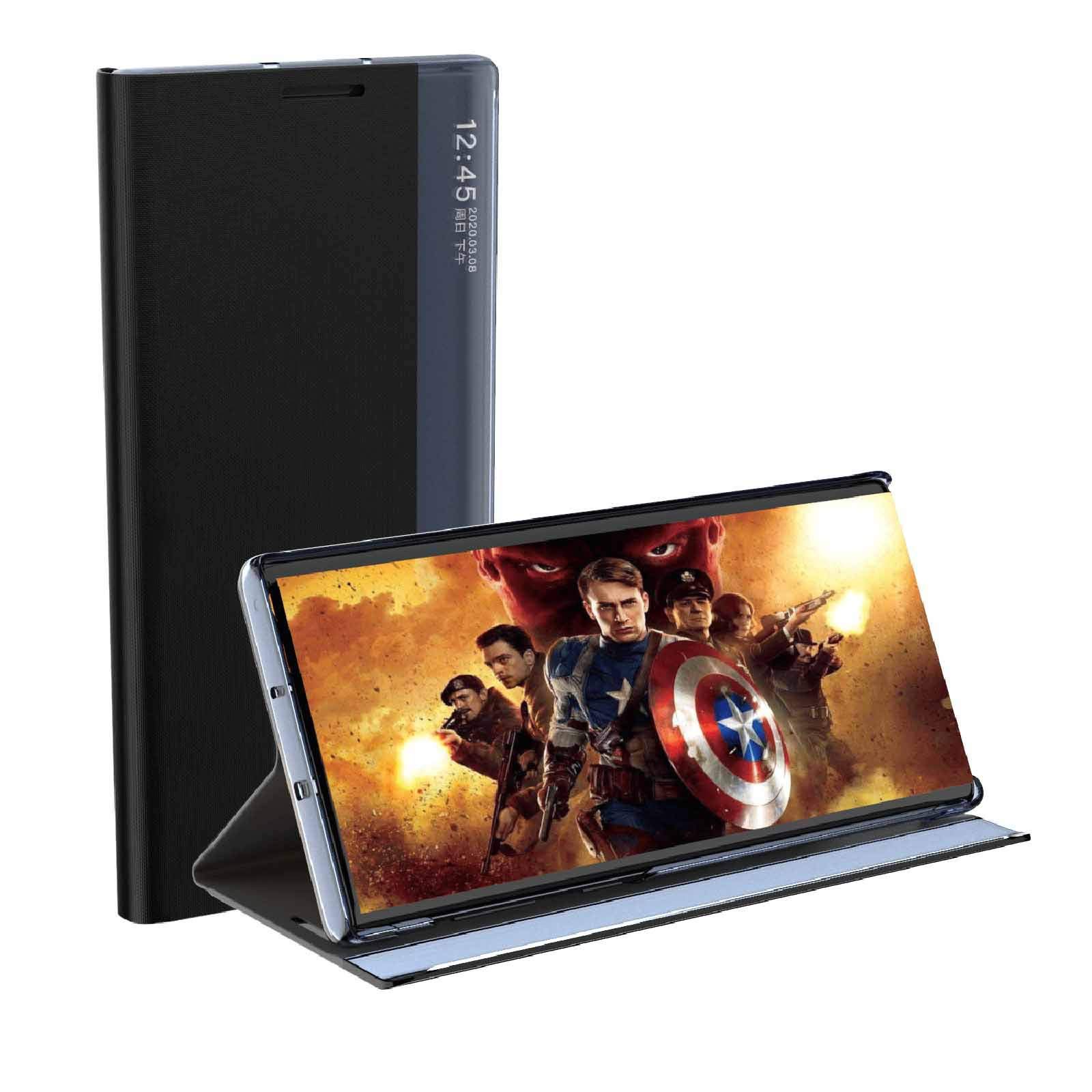 GOKEN Etui do telefonu Samsung Galaxy S21 FE 5G, wysokiej jakości skóra PU/PC, wewnętrzna powłoka z klapką z lustrzanym okienkiem, inteligentny widok, składana podpórka na telefon, czarne