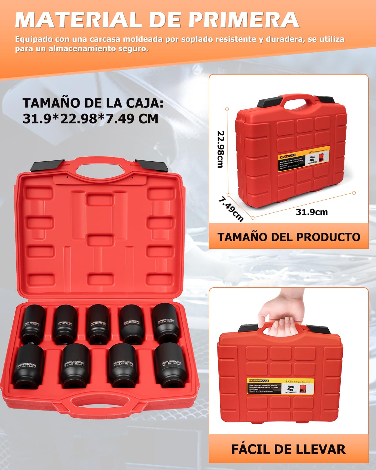 Juego de 9 tuercas de eje de impacto de 1/2 pulgada 29 30 31 32 33 34 35 36 38 mm