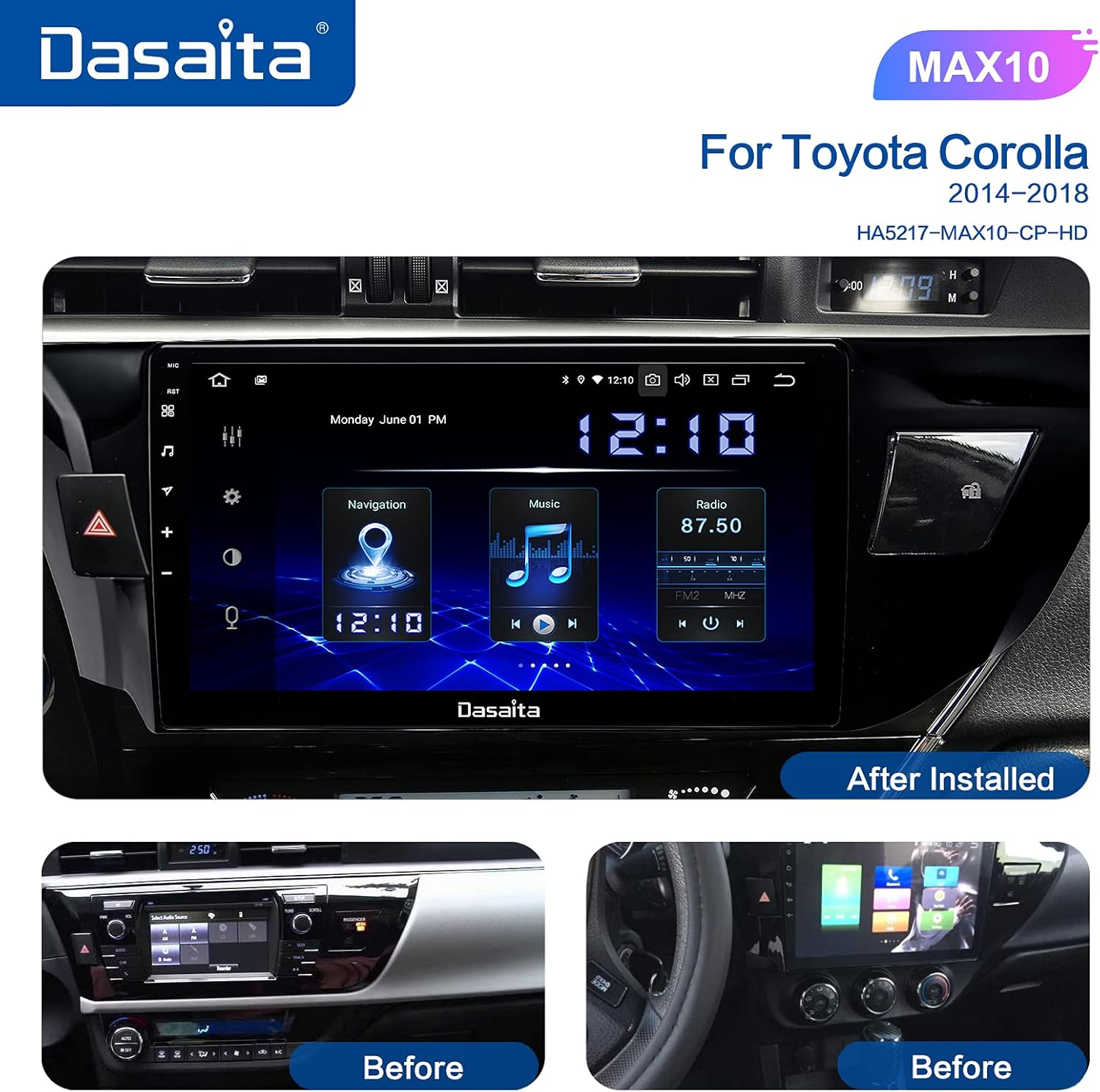 Black Friday - 50% OFF Dasaita 10.2 Android 10.0 Head Unit with Carplay for Toyota Corolla 2014 2015 2016 2017 Car Stereo Touch Screen 1280x720 Support GPS Navigation Bluetooth Hands-Free Calling WiFi