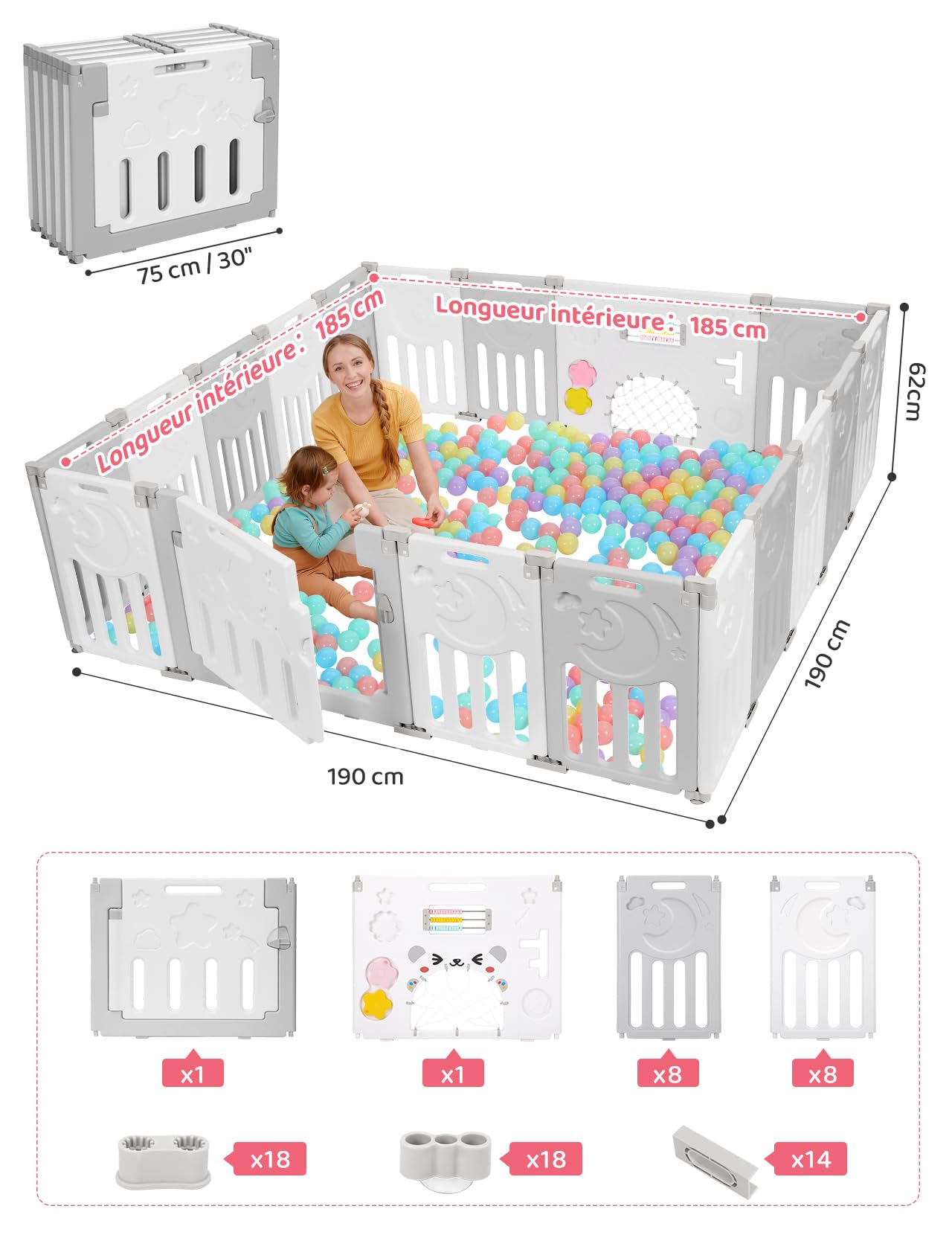 Dripex Parc Bébé Modulable et Pliable 190x190cm, Parc Enfant avec Porte et Panneau d'Activité, Gris (18 Panneaux)