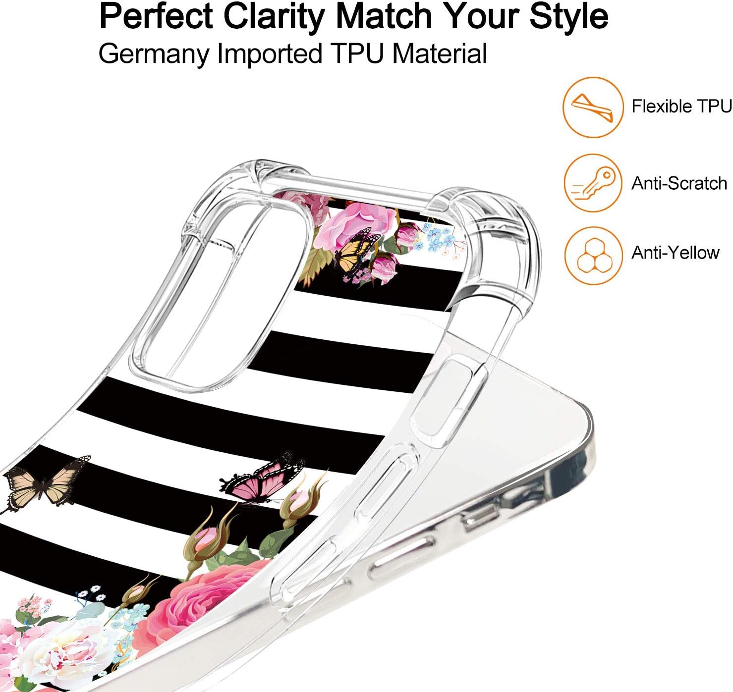 Hepix Stripe Floral Case Compatible with iPhone 12 Pro Max 6.7 inch 5G 2020, Pink Rose Flower with Butterfly Design Case, Soft TPU Stylish Slim Thin Raised Lips Anti-Scratch Shockproof Protective Case