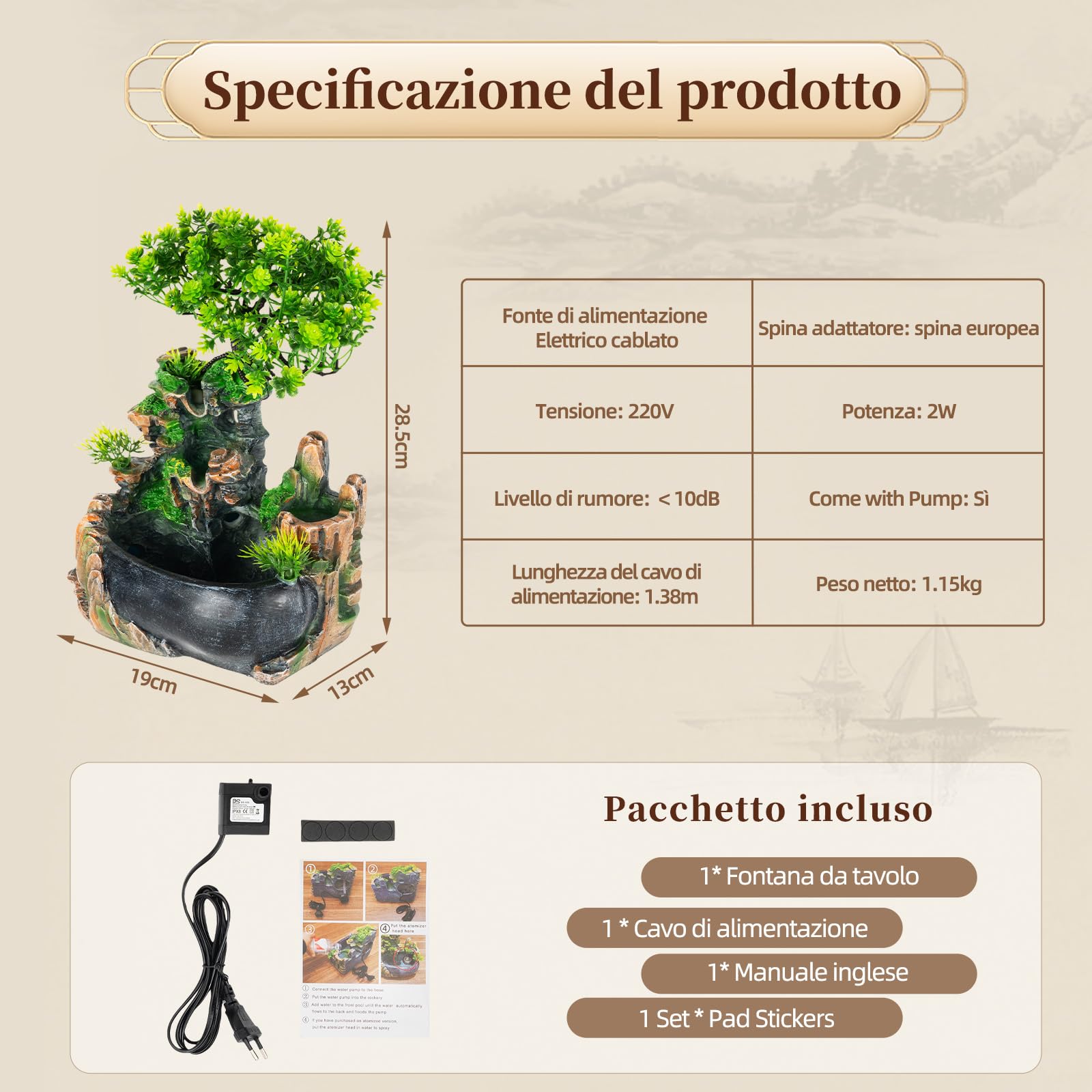 Fontana da interni a cascata con piante, fontana da tavolo per interni, piccola fontana con piante, per soggiorno, camera da letto, ufficio, caffetteria