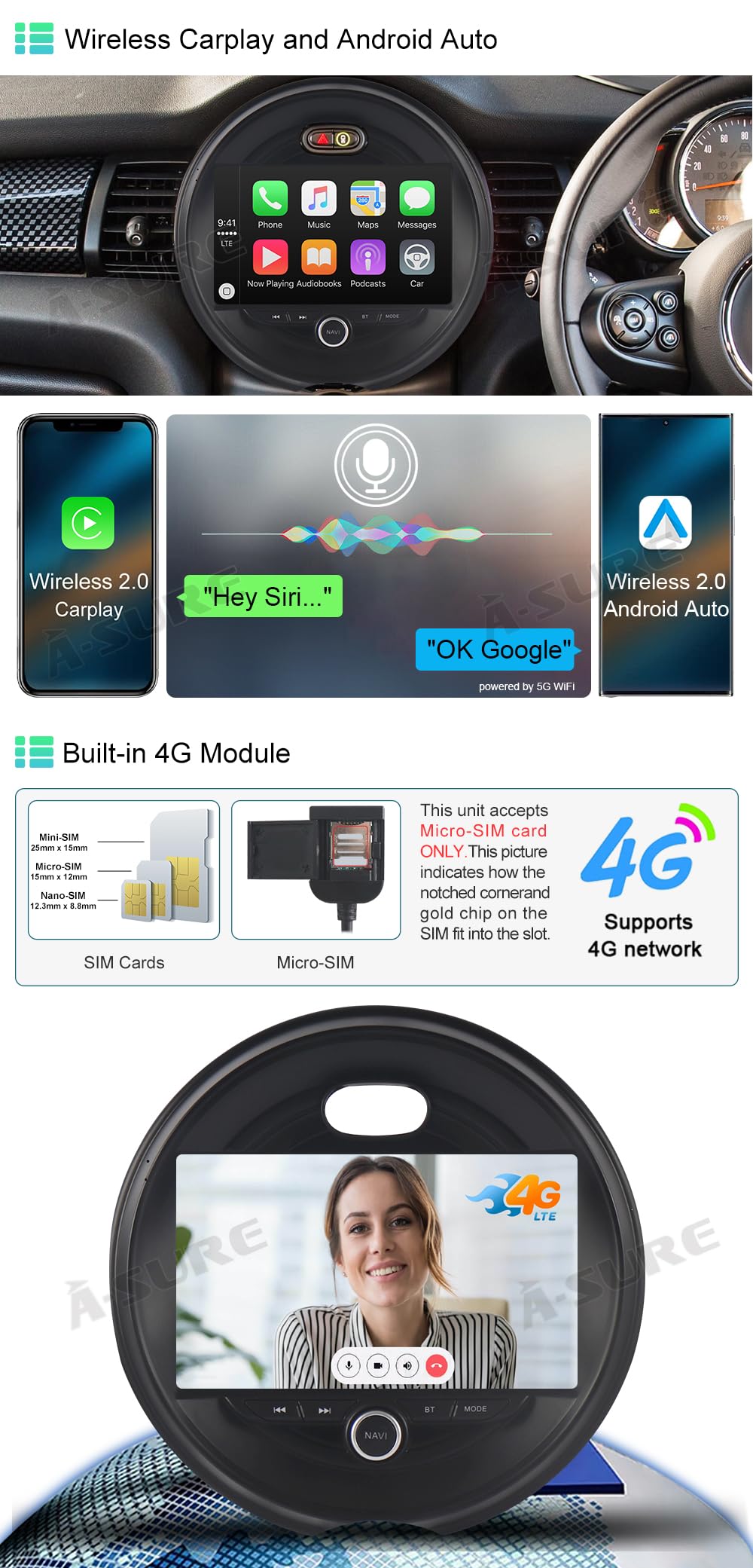 ASURE 9 inch Car Stereo Radio for Mini Cooper Hatch/Hardtop 2014-2019  Low-end w/o Nav Screen Cars,8Core 4G+64GB Android Car GPS Navigation Unit  with Wireless Carplay,Android Auto,1280x720 Touchscreen: Buy Online at Best  Price