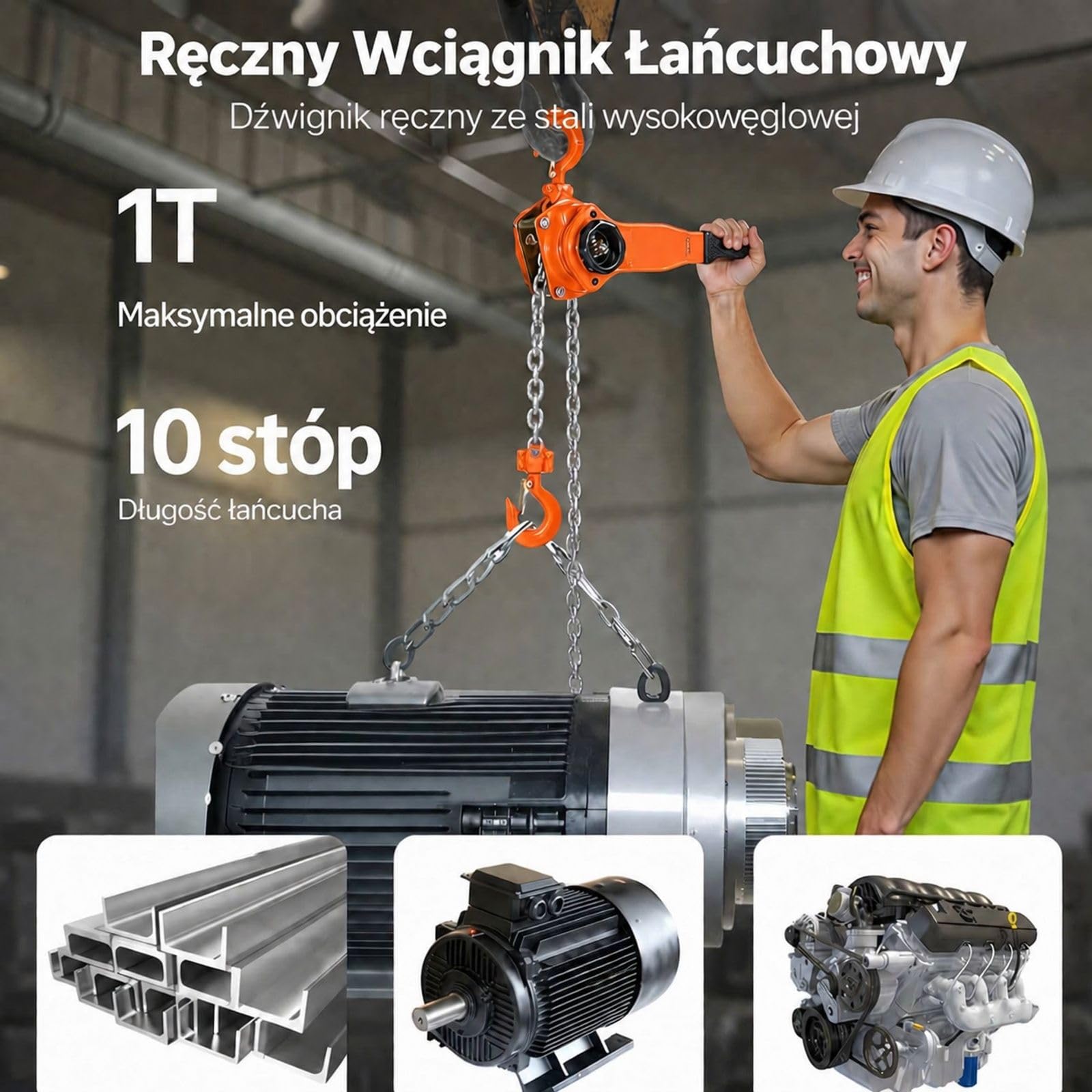 Wciągnik dźwigniowy 1 t, ręczny podnośnik łańcuchowy 3 m ze stali stopowej, podwójna zapadka, haki obrotowe 360 do magazynu budowy garażu