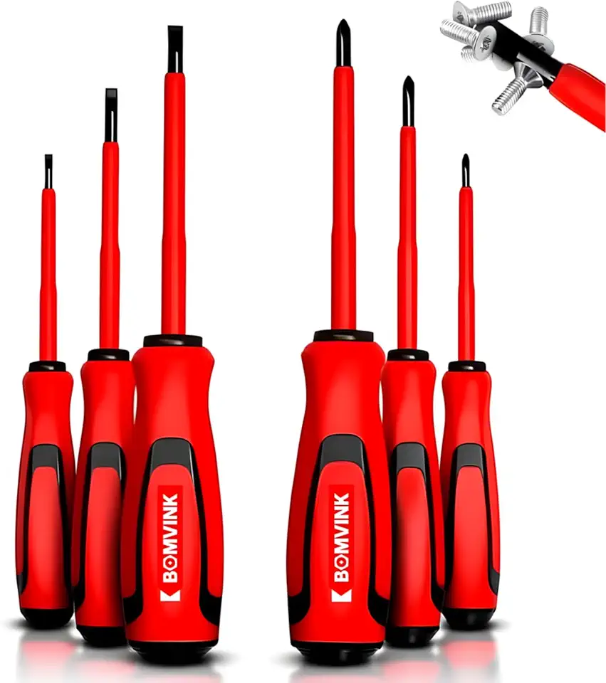 Kit de Chaves de Fenda e Phillips Isoladas, 6 Peças, Cabo Emborrachado, Pontas Magnetizadas, Aço Temperado, para Uso Profissional e Doméstico