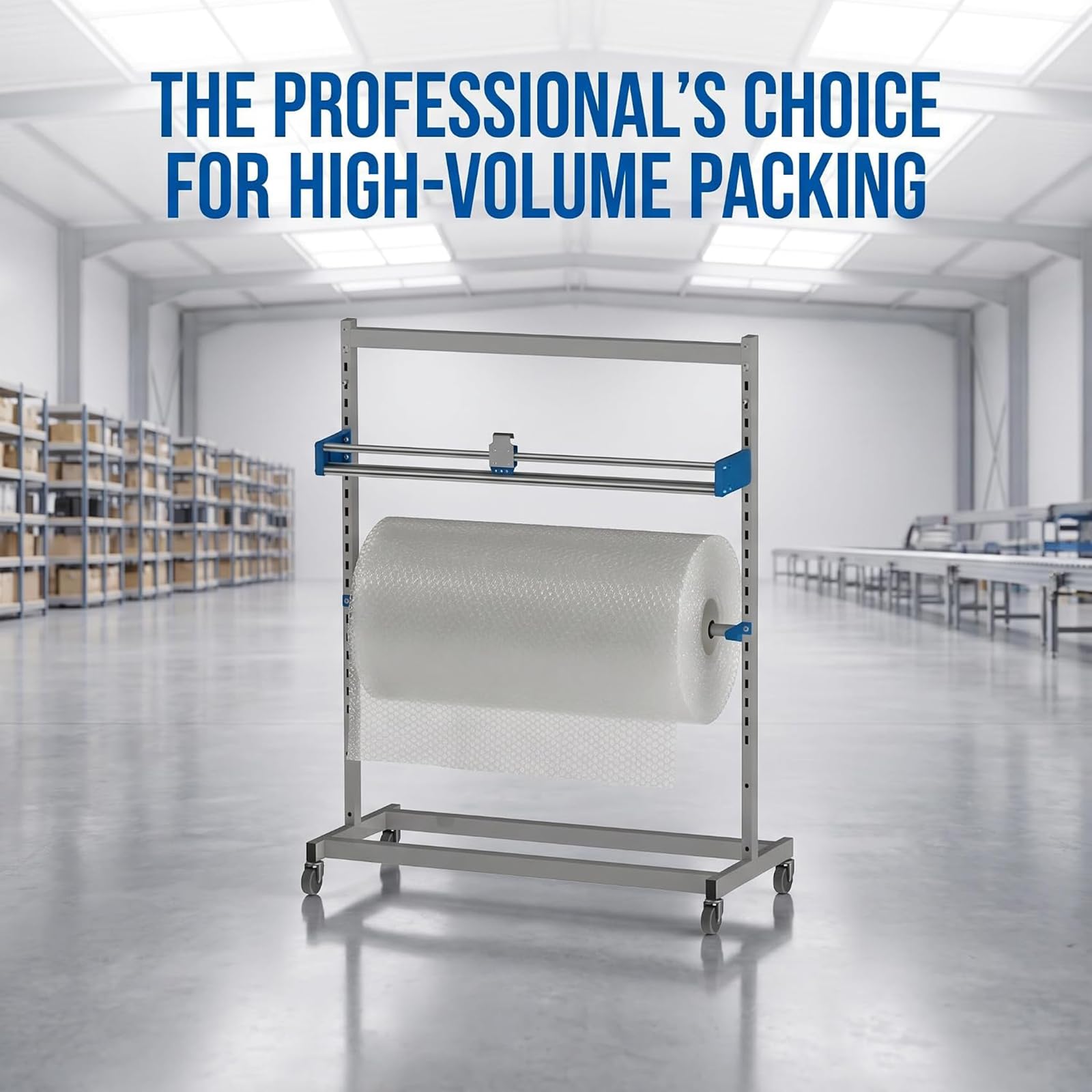 Support Dévidoir Mobile pour Rouleaux d'emballage (640-1300 Mm) avec Cutter – pour Film à Bulles, Papier Kraft Et Film étirable – Rack De Stockage Industriel sur ≤1600mm