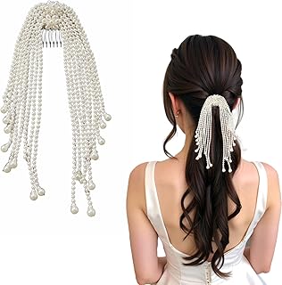 LYKAA Pearl Bridal Hair Comb Clip with Long Beaded Tassels | Wedding Juda Hair Accessory for Bridal Bun & Hairstyles, 1 Pc...