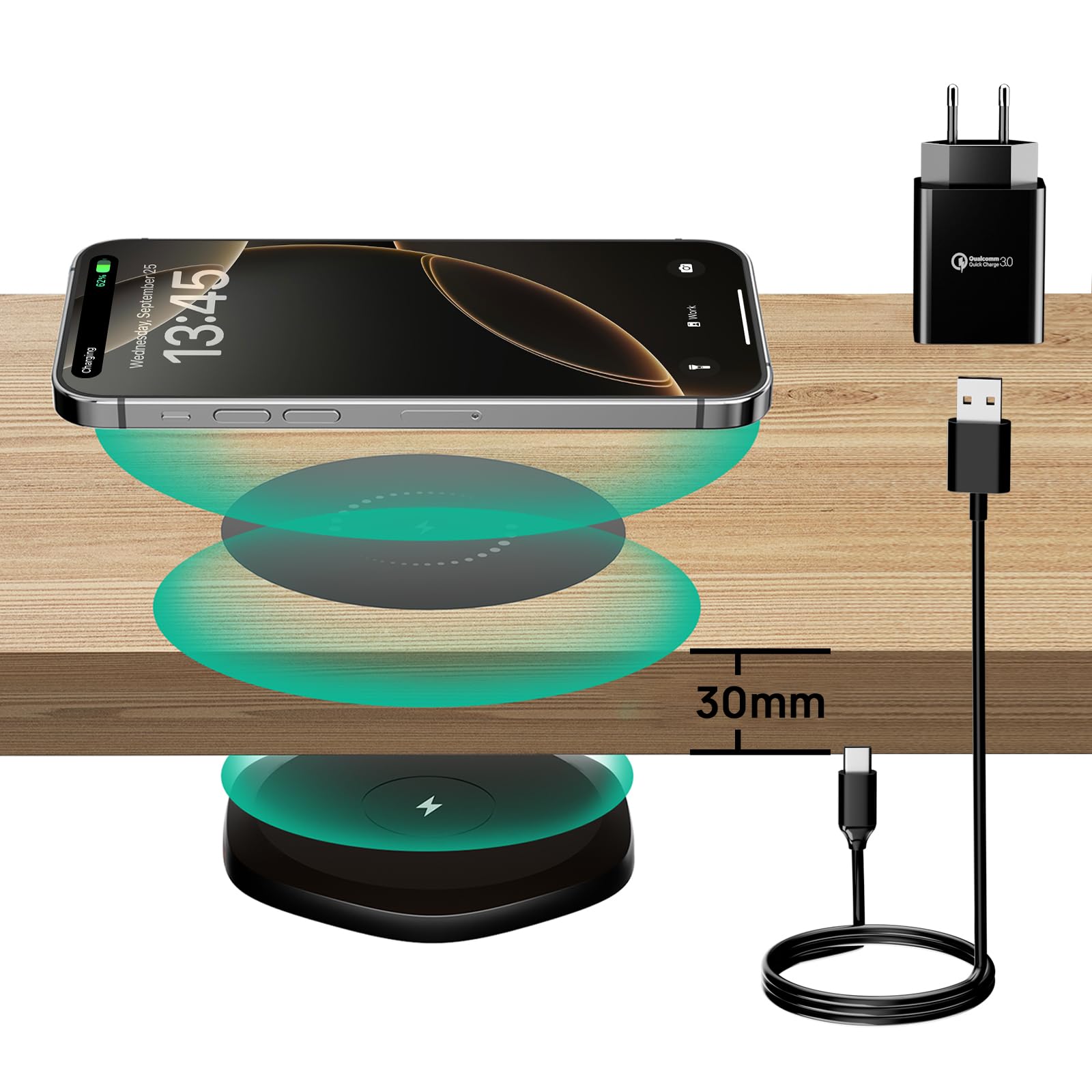 KPON Invisible Wireless Charger unsichtbares drahtloses, 30mm Versteckt unter dem Tisch, induktives Ladegerät für iPhone 16/15/14/13/12/11/Pro/Mini/Max/Xs, Samsung S24/S23/S22/S21/S20/S10/S9/S8