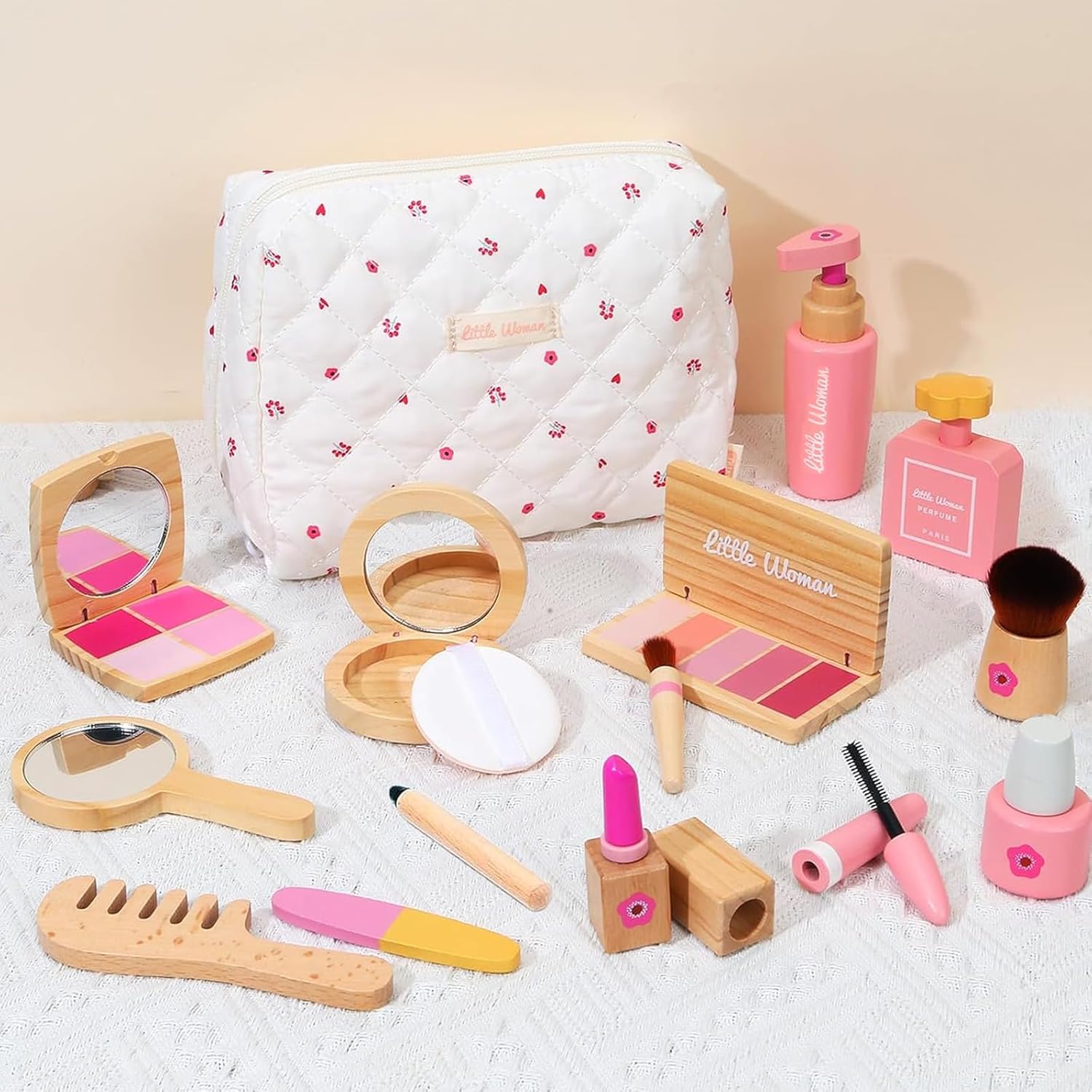 GIOTUK Wooden Kids Makeup Set for Girls, 15PCS Non-Toxic Pretend Makeup Toys with Cosmetic Bag, Washable Role Play Beauty Set for Kids Aged 3–12, Educational Gift for Girls, Christmas & Birthday Prese
