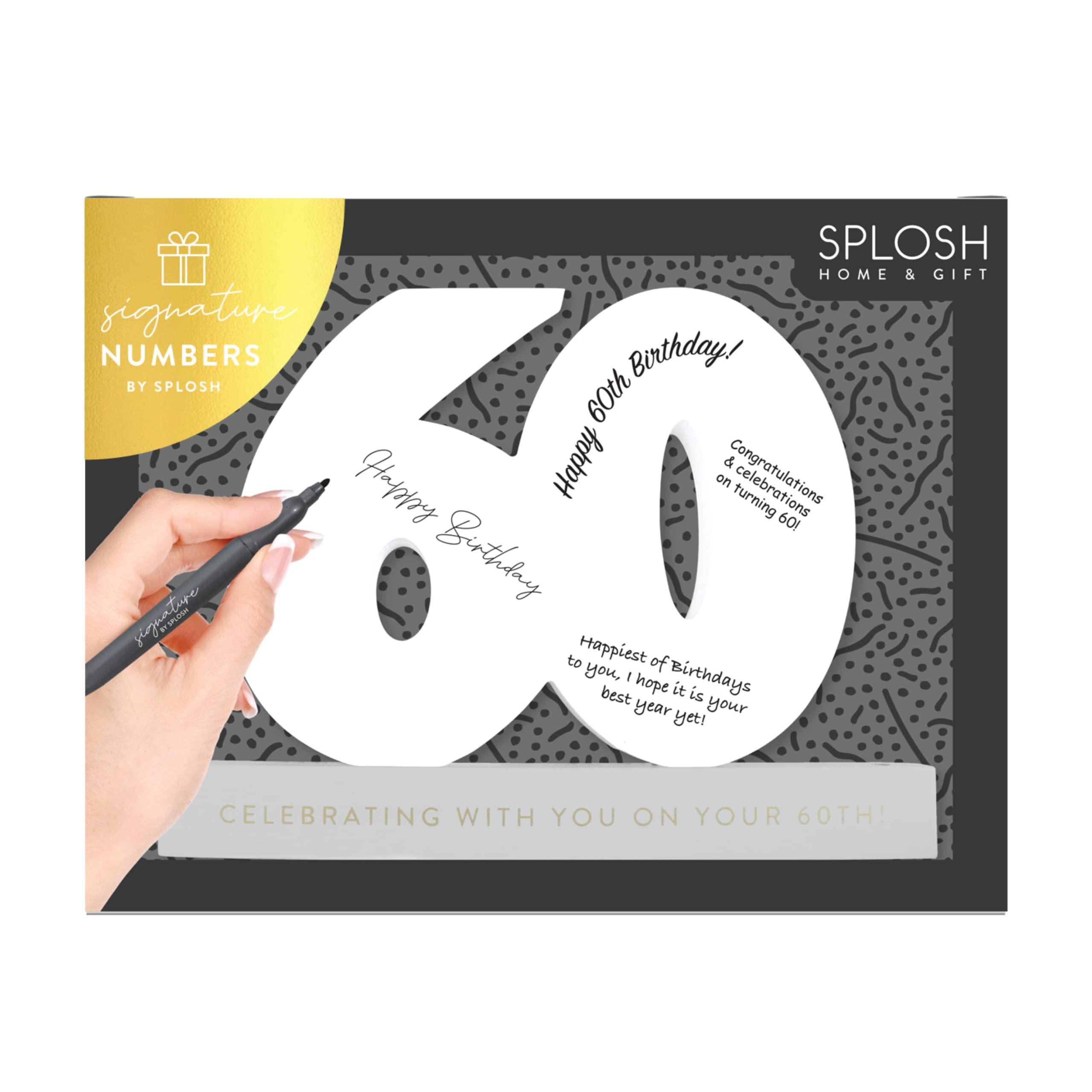 Splosh 60 Signature Numbers with a Stand to Hold The Number and Pen. Use The Pen to Write on Heartfelt or Funny Messages - Create a Memories of The Special Day. 60th Birthday Gifts For Men & Women.