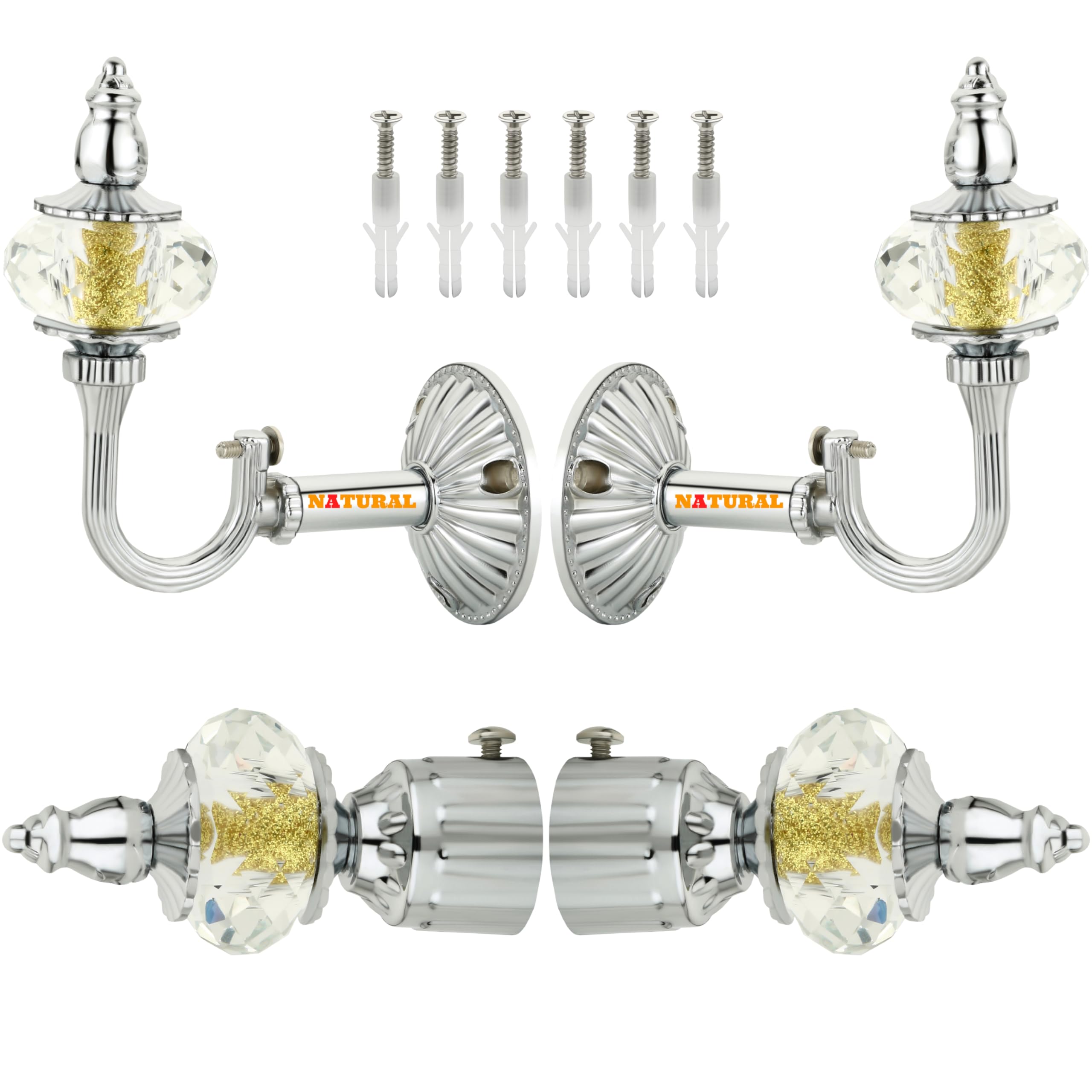 NATURAL Heavy Duty Aluminum Royal Luxury Design Curtain Bracket/Finial and Support with Screw/Wallplug for Window & Door Fittings - Suitable for Upto 1 Inch Pipe. (2 Set, Chrome)