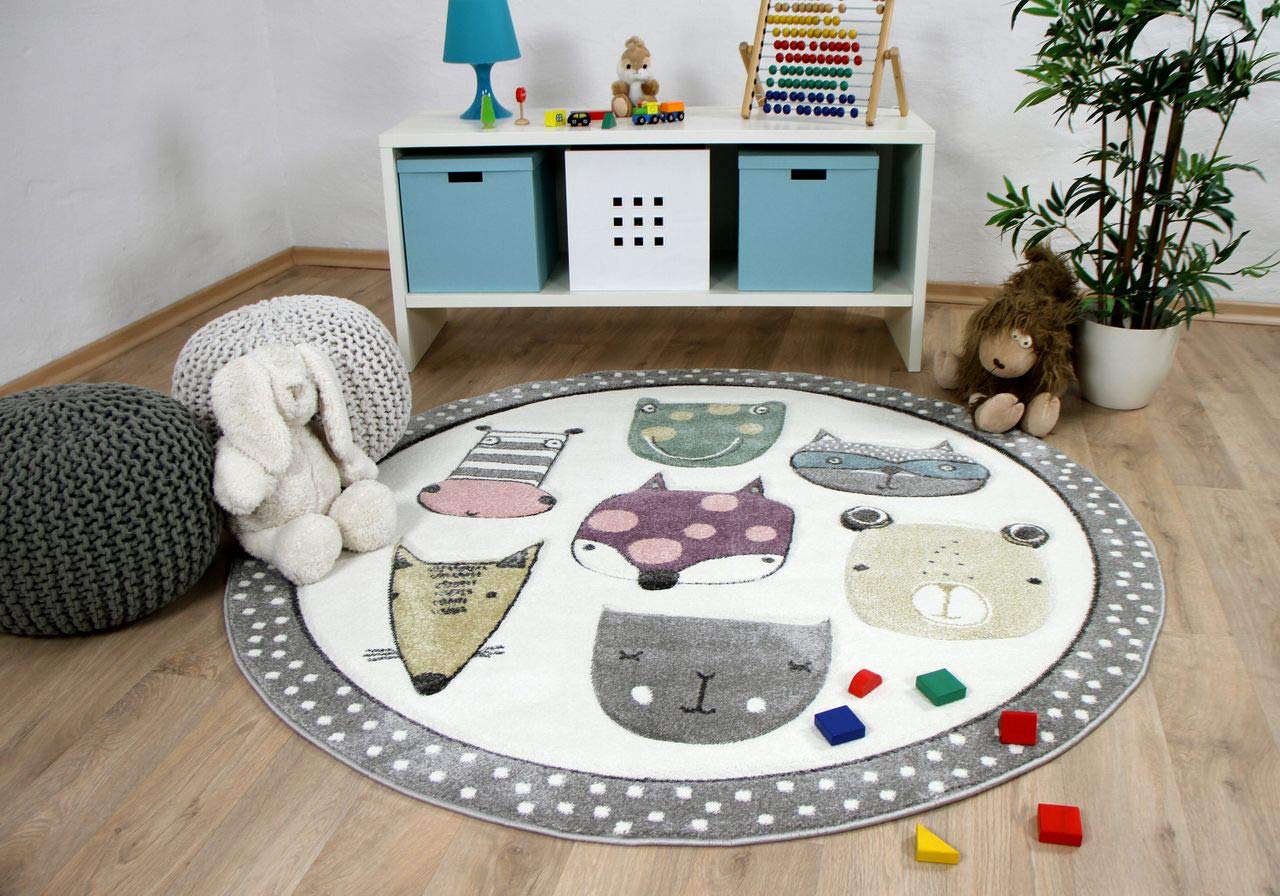 Pergamon Maui Kids - Tapis pour Enfant Rond - Happy Animals coloré - 3 Tailles Disponibles