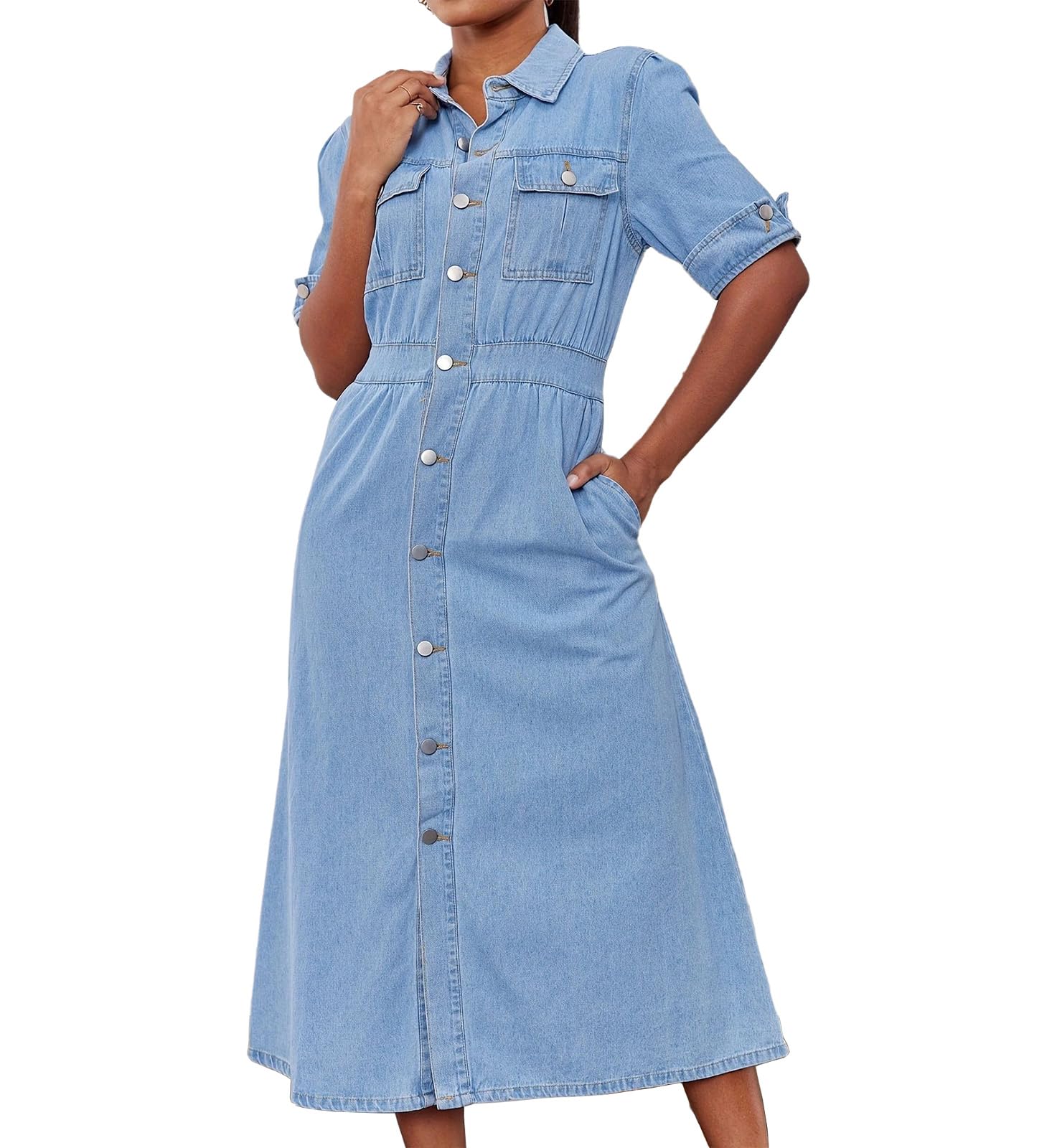 Lässiges, langes Jeanskleid für Damen, kurzärmelig, Knopfleiste vorne, A-Linie, Jeanskleid