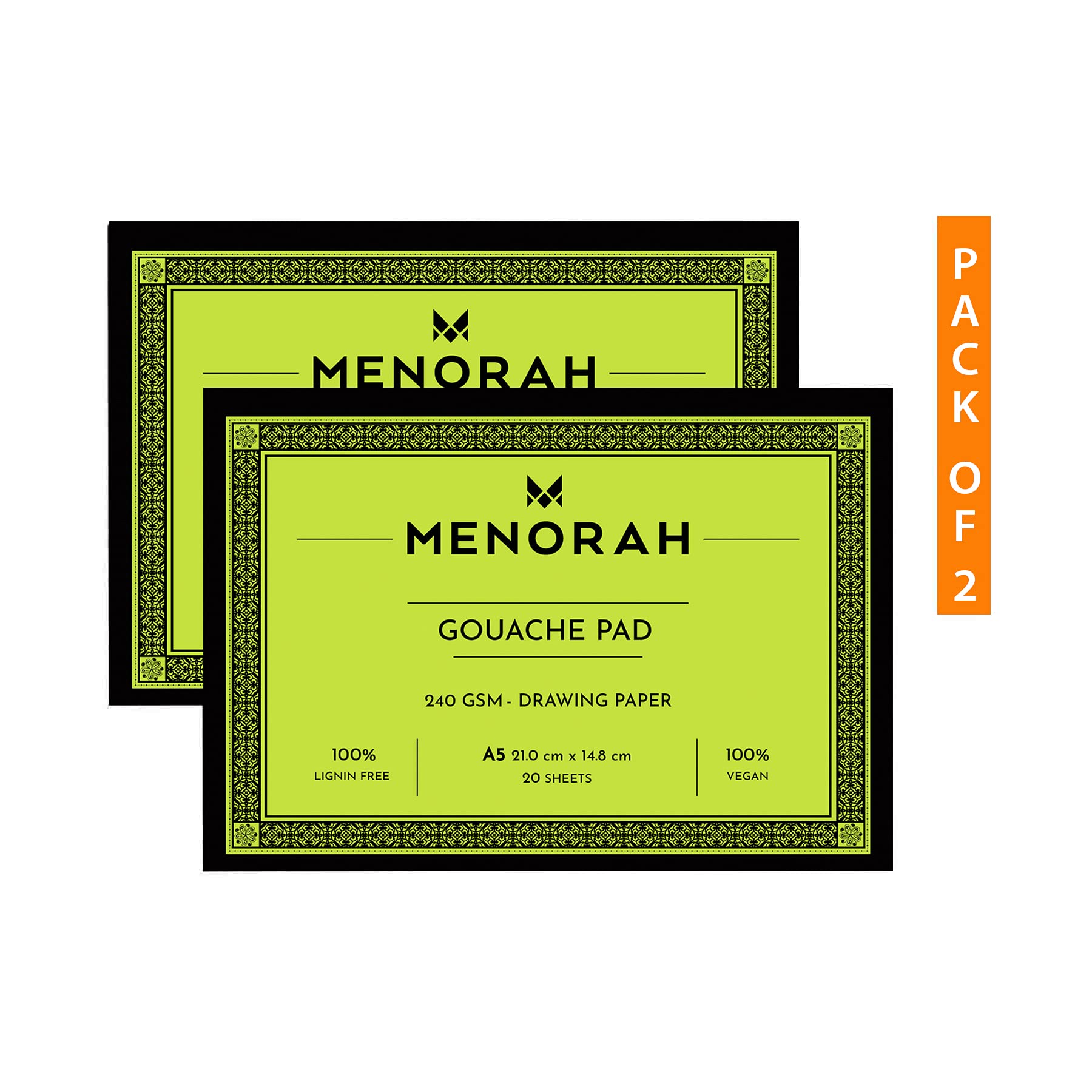 MENORAH – A5 Gouache Sketch Book Loose sheets–240 GSM–Gouache SketchPad Glued end – (14.8cm x21.0cm)- 20 Sheets / 40 Pages- Acid Free Sketchbook & Drawing Notebook for Acrylics Gouache Oil Pastels Pencils Fine liners Crayons etc – Pack of 2