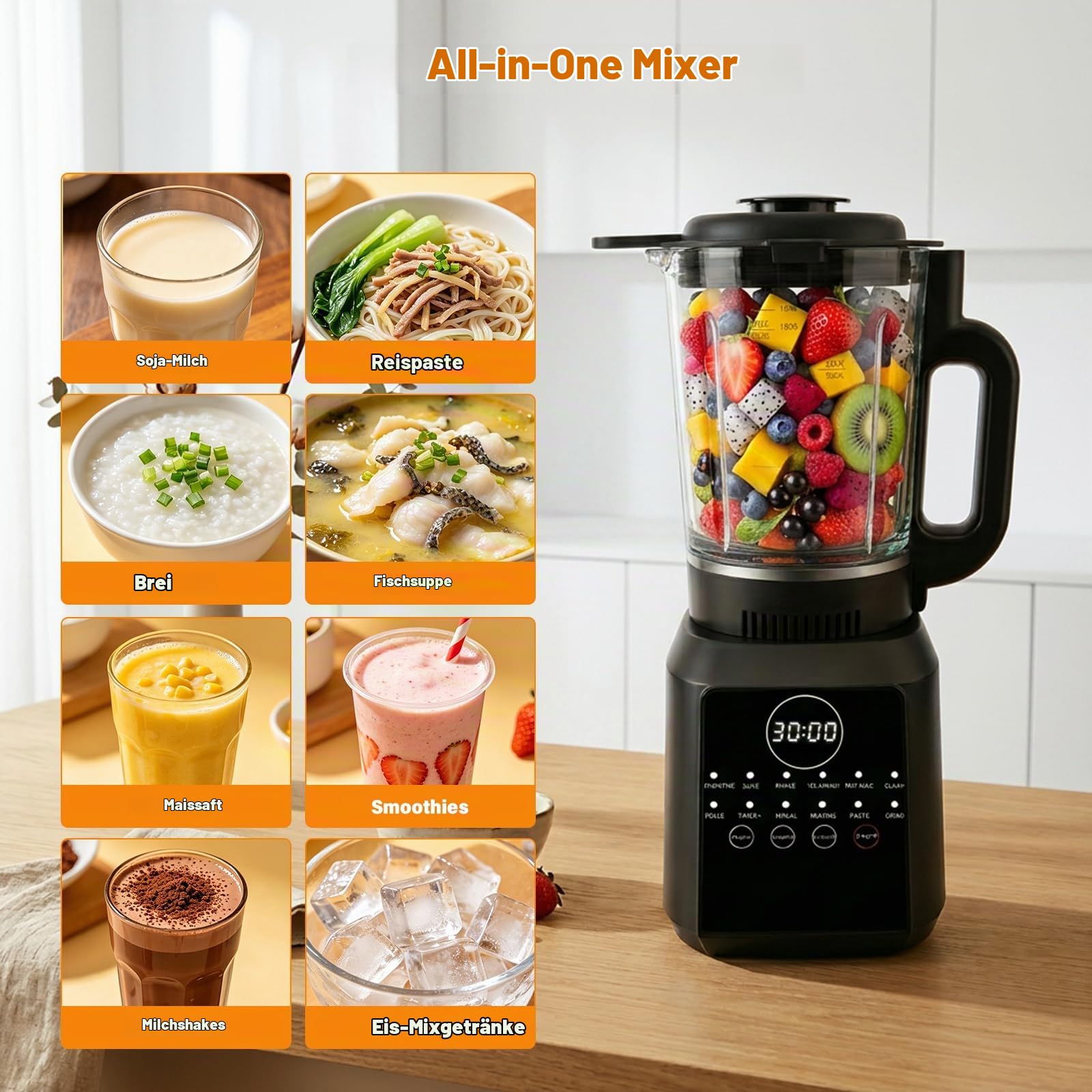 Suppenmixer 1,7L mit Heizfunktion, Glasbehälter und 14 Klingen | Heiß- und Kaltmixer mit 12 Programmen, Timer, Warmhalten und Selbstreinigung für Suppen, Smoothies und mehr