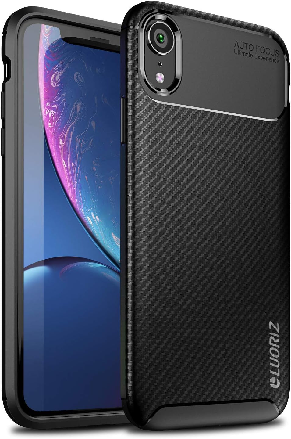 LUORIZ iPhone Xr Case, Premium Soft Flexible TPU Silicone Gel [Carbon Fiber Texture Design Upgrade] Slim Bumper Case Cover [Anti-Fingerprint] [Anti-Scratch] [Anti-Slip] - Black