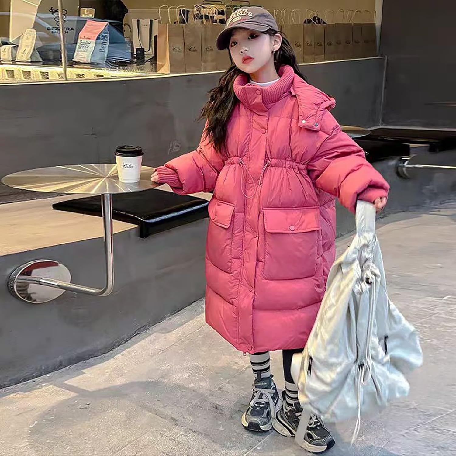 Long Puffer Jacket for Girls Windproof Thickened Warm Fleece Padded Coat Casual Puffy Cozy Knee-Length Outerwear