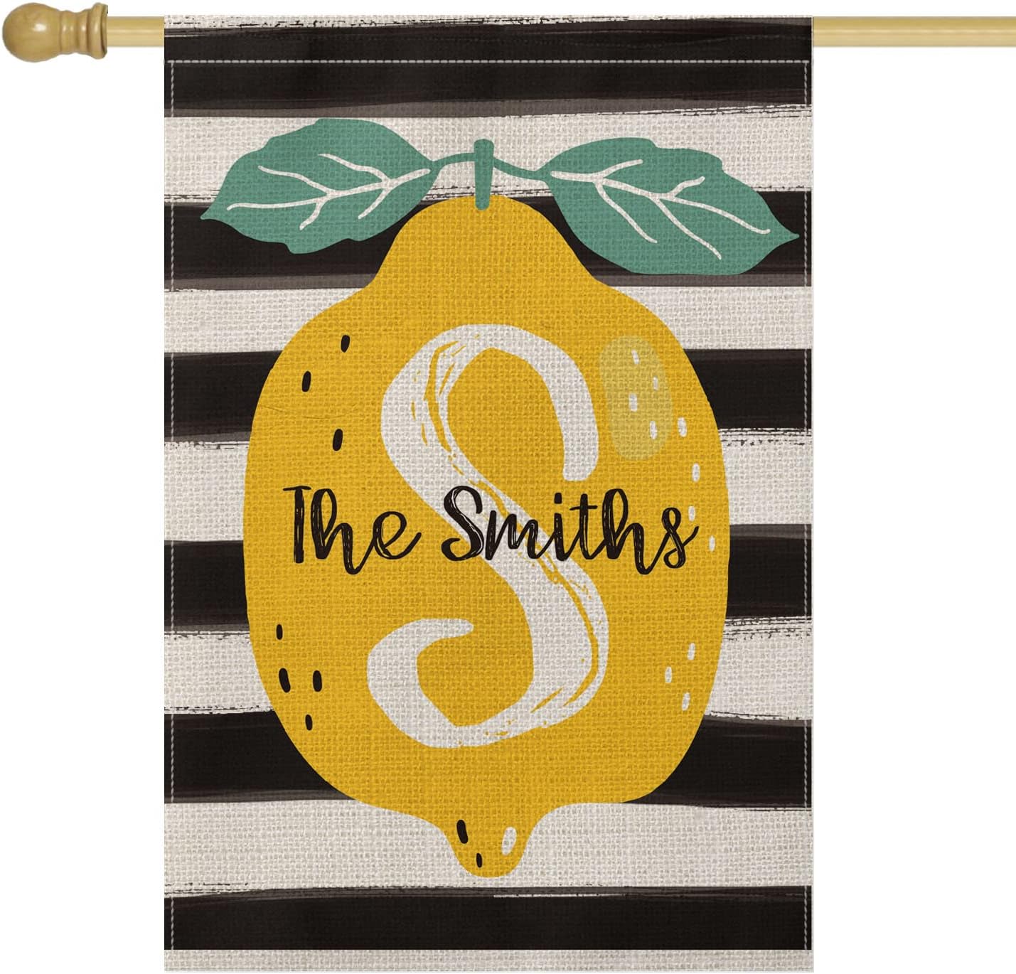 Smile Personalized Spring House Flag, Customized Initial Family Name Lemon Ripple, Double Sided 28 x 40 Inch Rustic Farmhouse Burlap Yard Outdoor Decoration