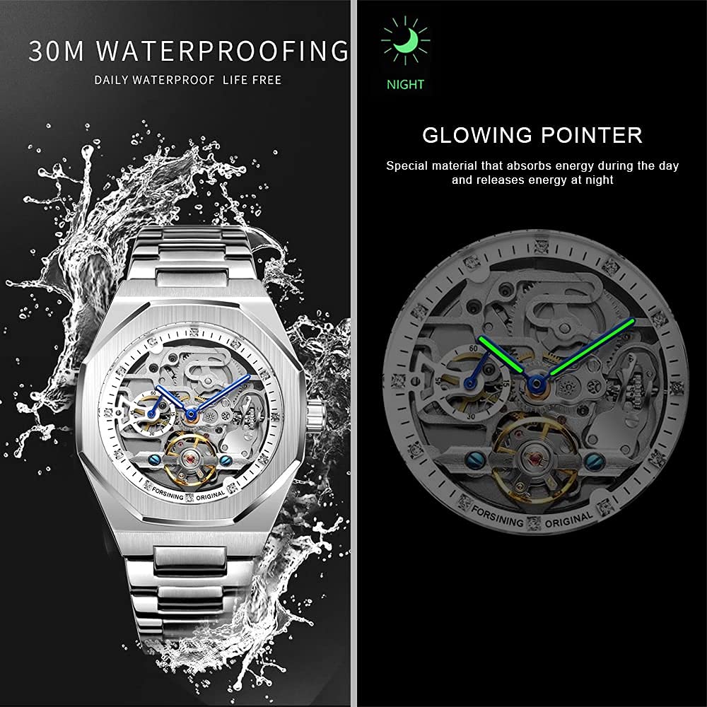 Tiong Montre pour Homme Montres Automatiques Montre-Bracelet Lumineuse MéCanique RéSistance Aux Chocs Steampunk Militaire Argent Noir