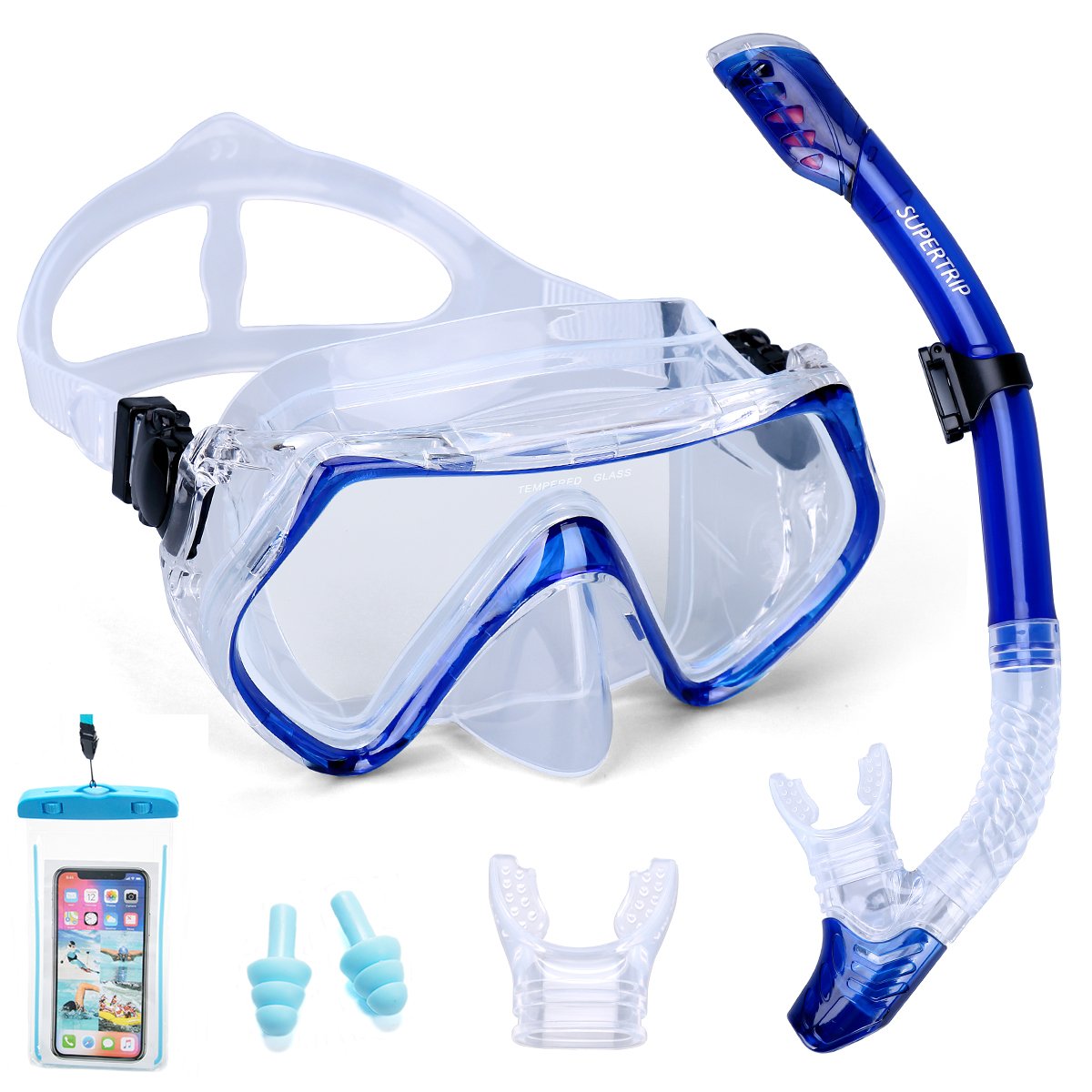 Supertrip Snorkel Set Adults-Scuba Snorkeling Diving Mask with Impact Resistant Anti-Fog Temperred Glass|Dry Top Snorkel,2 Mouthpieces 1 Waterproof Case Included Blue
