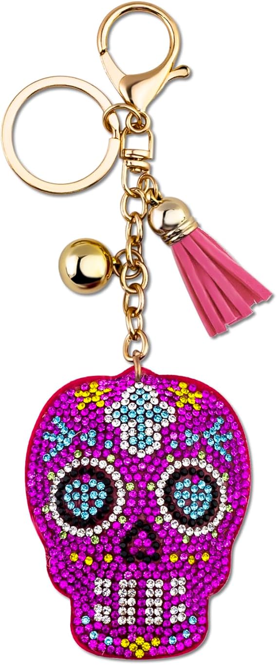 Sugar Skull Keychain Goth Novelty Accessories For Car Keys Rhinestone Keychain Pink Skulls Day Of The Dead Gifts for Women Girls Sister Purse Charms Packbag Handbag Accessories