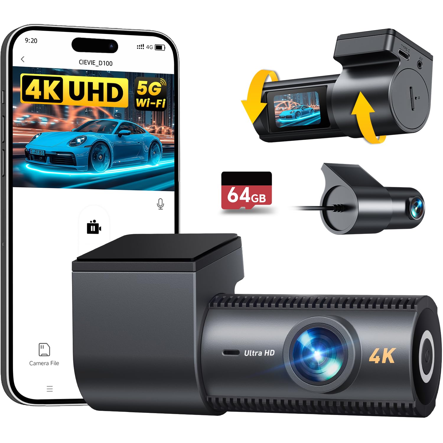 4K Dash Cam Front and Rear with 64GB SD Card, 5GHz WiFi, 24H Parking Mode