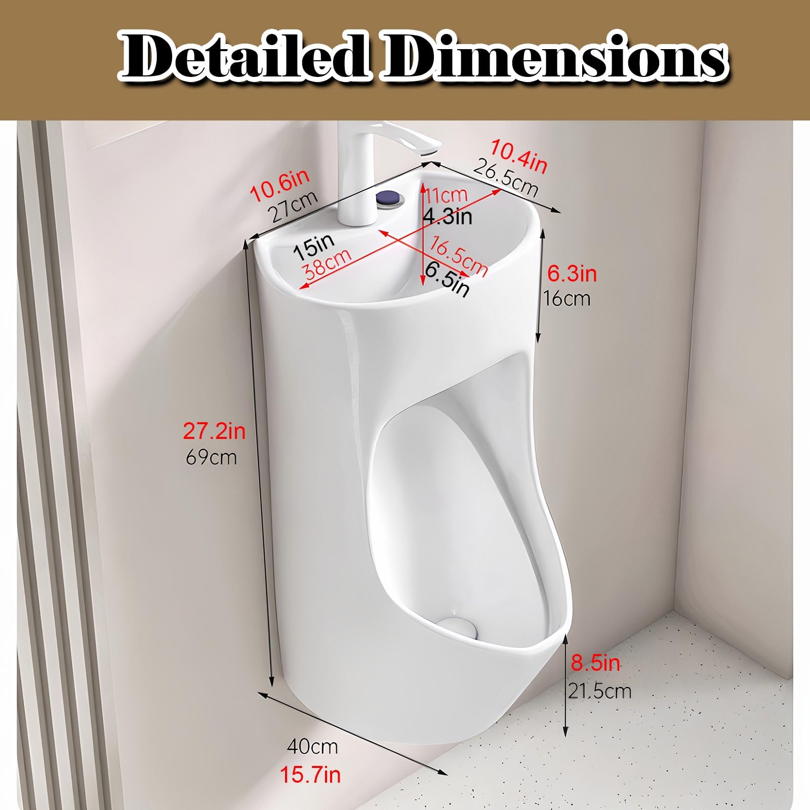 Orinal para hombre, de cerámica, para montar en la pared, con descarga para uso doméstico/comercial, ideal para escuelas, hoteles y centros comerciales, incluye accesorios (juego de 2)