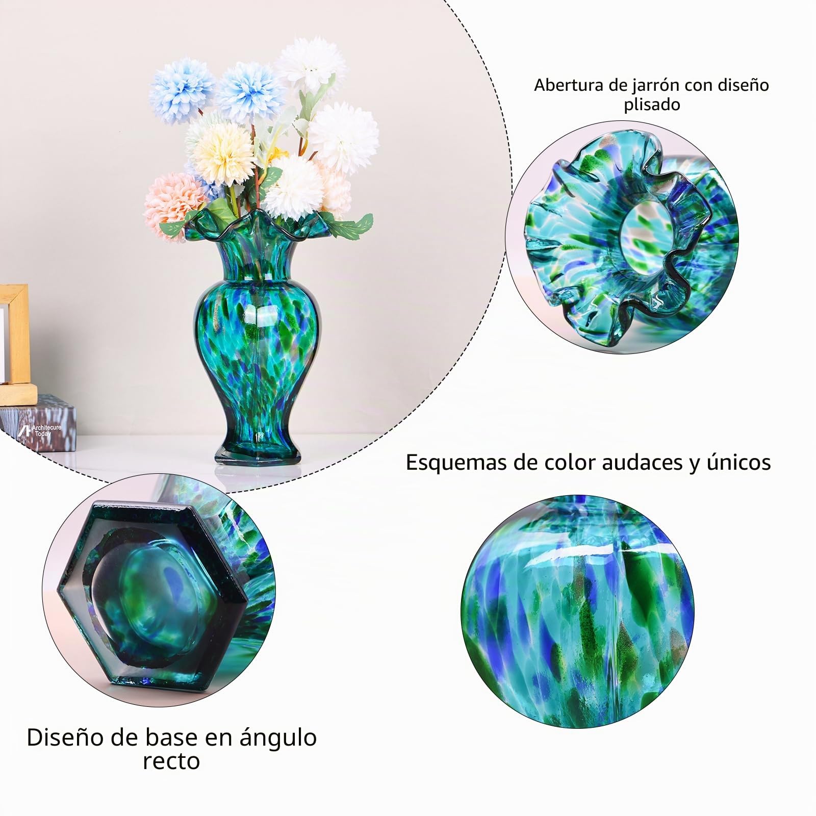 LCCCK Jarrón de Cristal Azul Turquesa de 9.5 Pulgadas de Alto, Hermoso jarrón de Flores de Vidrio soplado a Mano para centros de Mesa, Moderno jarrón de Cristal de Murano, para decoración del hogar