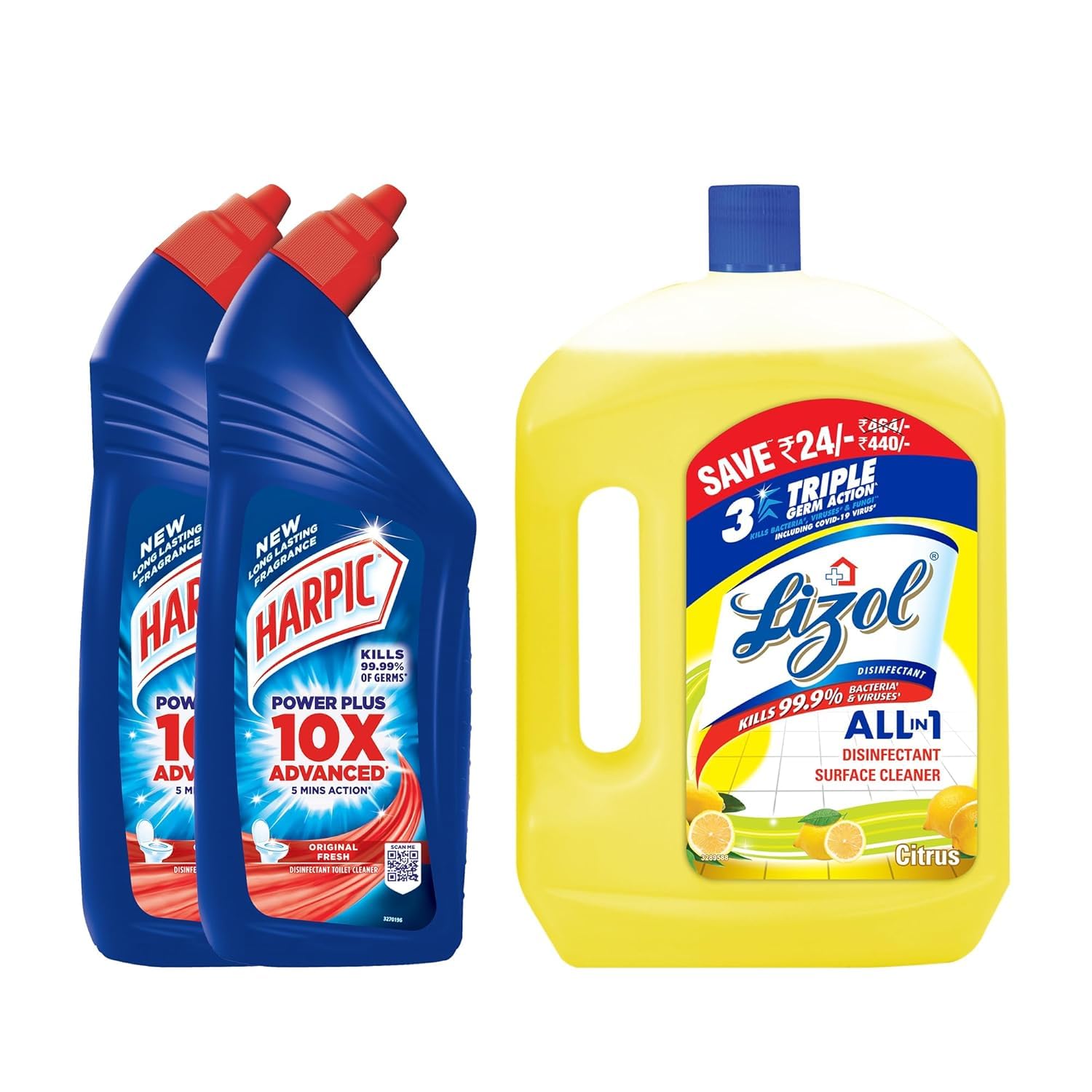 Harpic Disinfectant Toilet Cleaner Liquid, Original - 1 L (Pack of 2) With Lizol Floor Cleaner, Citrus - 2 L