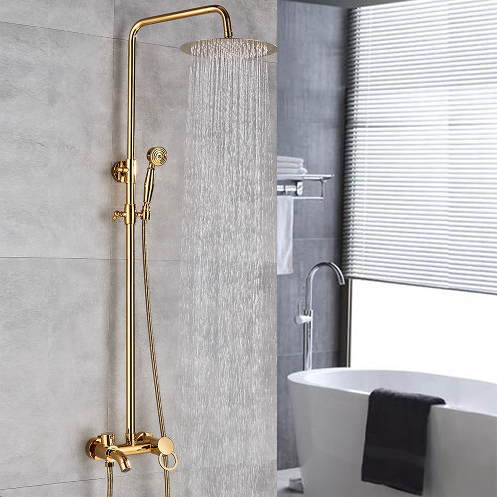 Colonna Doccia Retro In Ottone - Soffione Pioggia E Doccetta Con Asta Regolabile