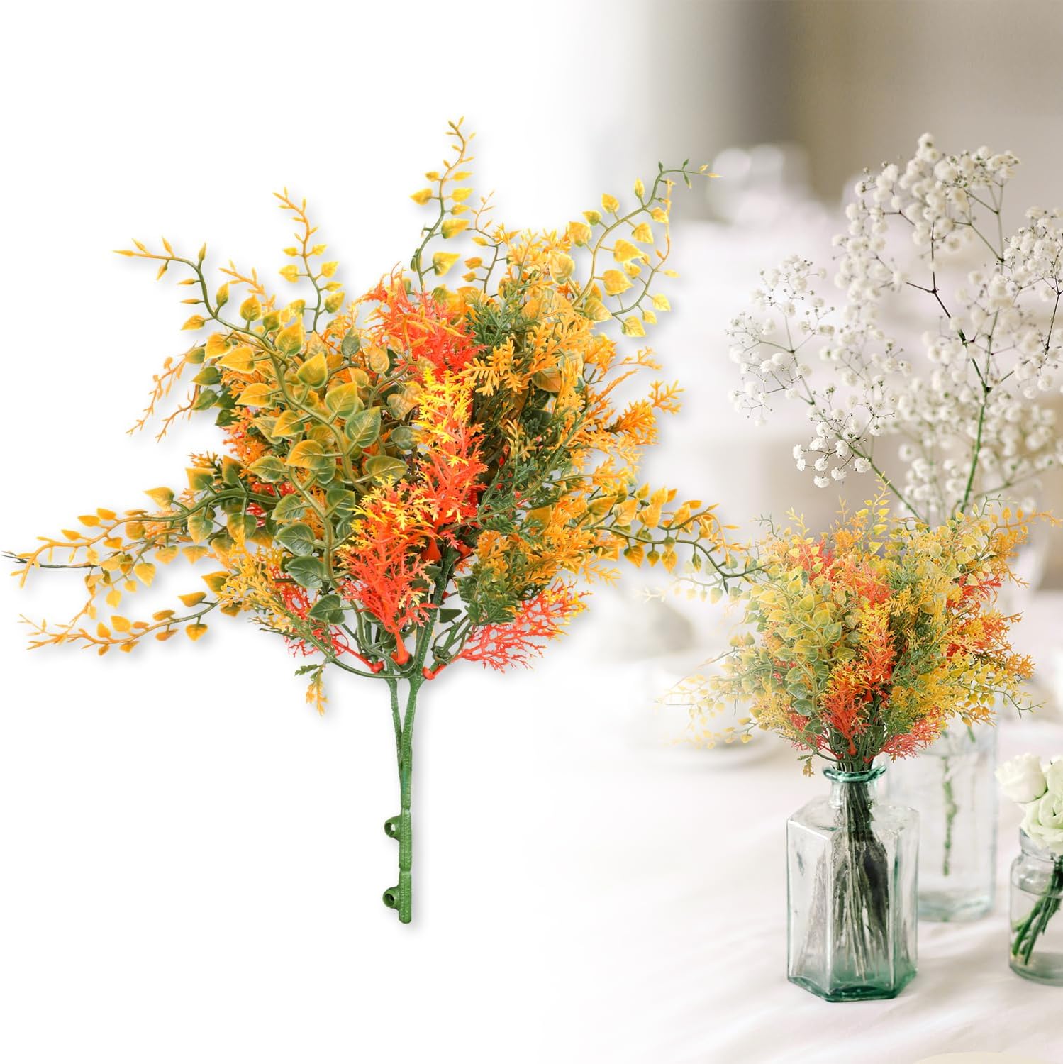 Patio Artificial Flowers Décor 10.5"-7Pcs Fake Plants Bushes Adjustable Outdoor Uv Resistant Realistic Flower Bouquet Faux Decoration Planters for Front Porch Decor Indoor Home, Orange