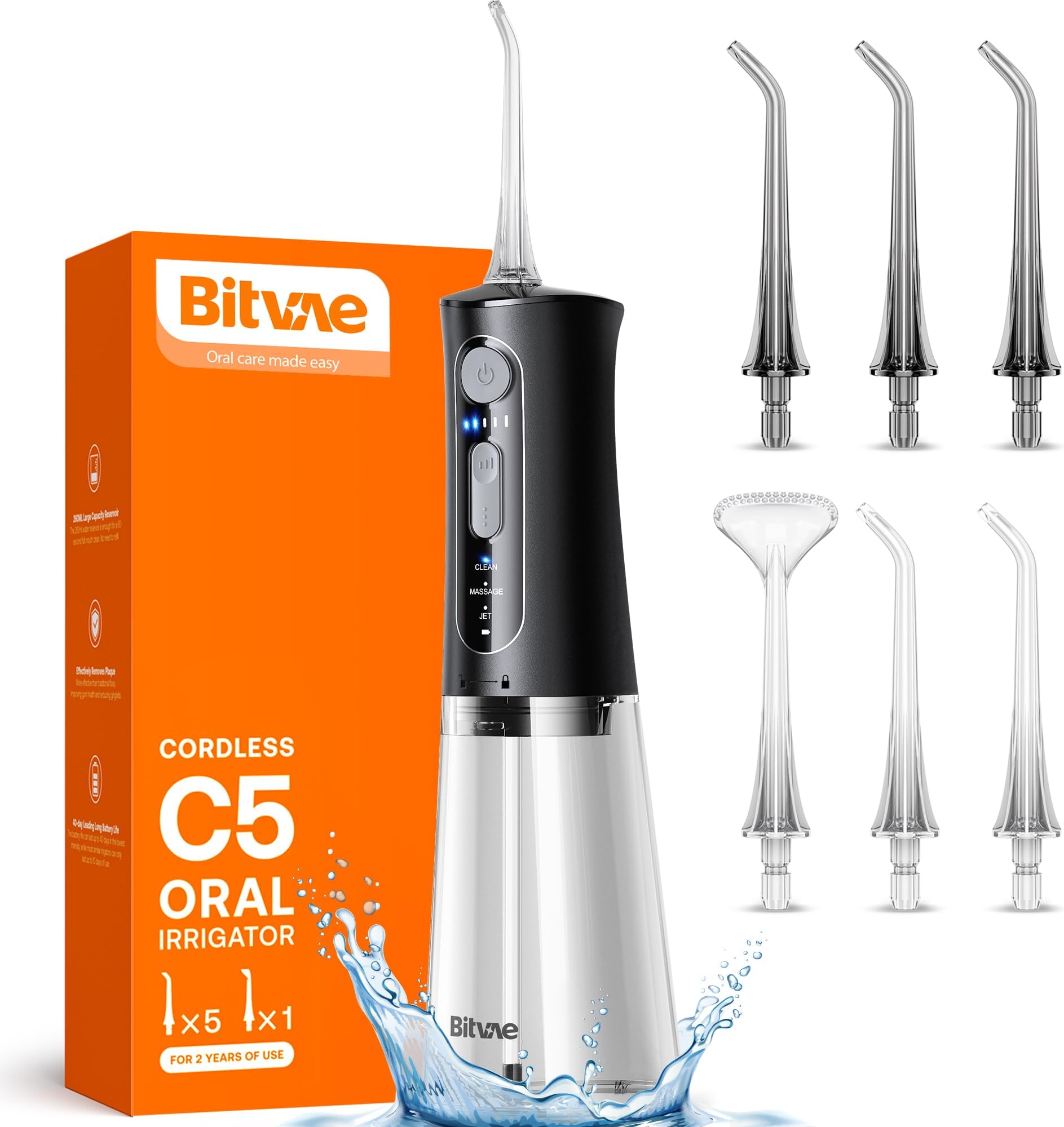 Water Dental Flosser for Teeth Cordless, Water Teeth Cleaner Picks for Cleaning with 3 Modes & 5 Intensities, Oral Irrigator with 6 Jet Tips, IPX7 Waterproof, USB Rechargeable, Black
