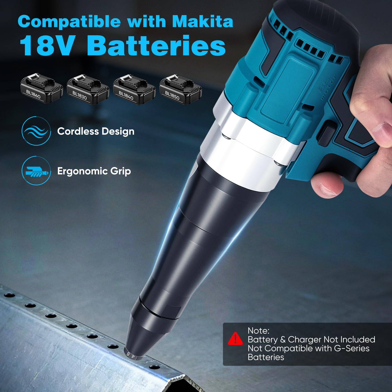 Rivettatore a batteria compatibile con Makita da 18 V, rivettatore a batteria con motore brushless, 3 ugelli per rivetti in alluminio e acciaio inox da 2,4 – 5,0 mm, con lampada a LED
